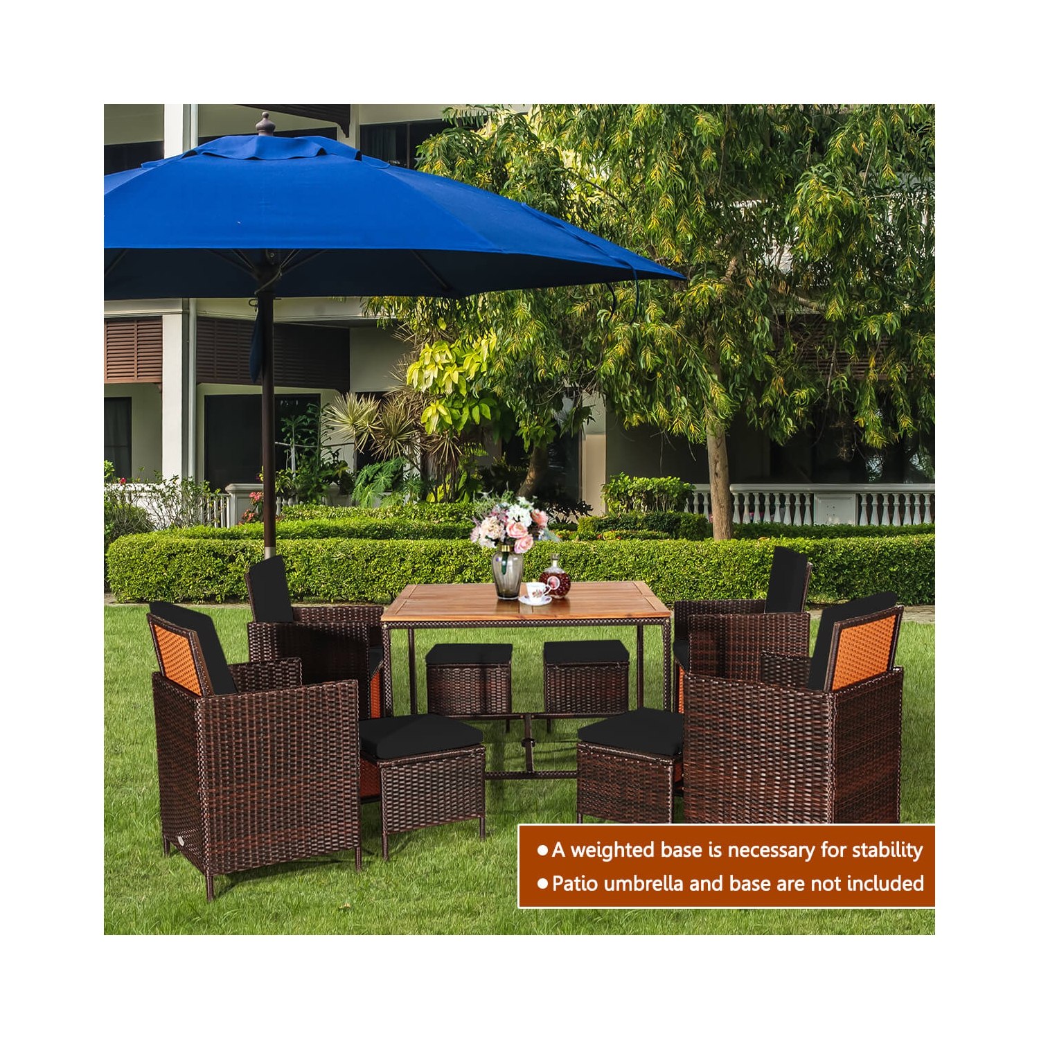 Ensemble de patio en rotin de Costway 9 pièces Chaises coussinées Pouf Table Dessus de table en bois