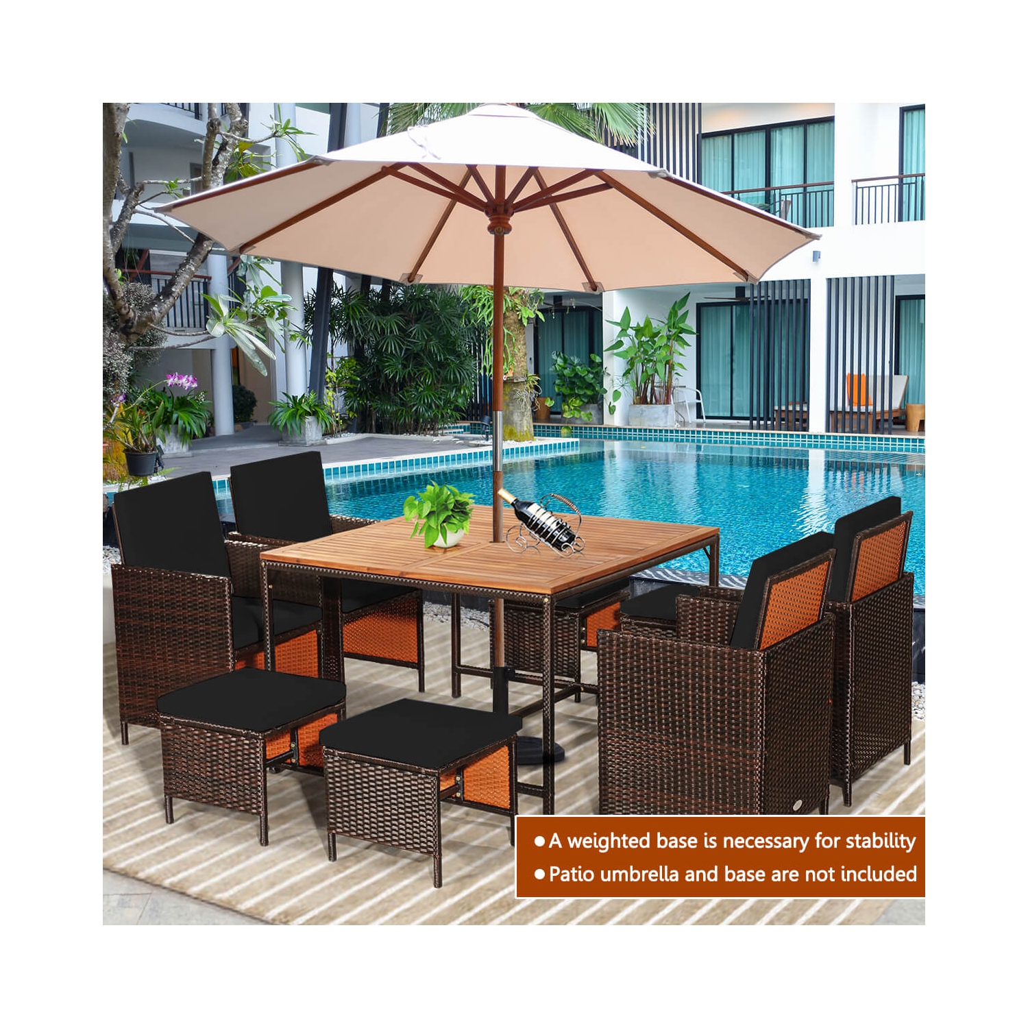 Ensemble de patio en rotin de Costway 9 pièces Chaises coussinées Pouf Table Dessus de table en bois