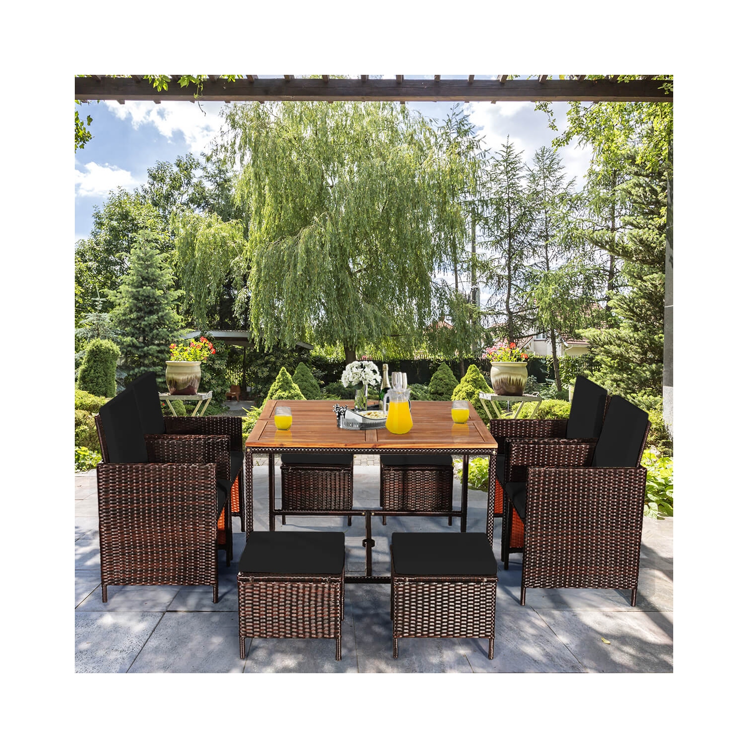 Ensemble de patio en rotin de Costway 9 pièces Chaises coussinées Pouf Table Dessus de table en bois