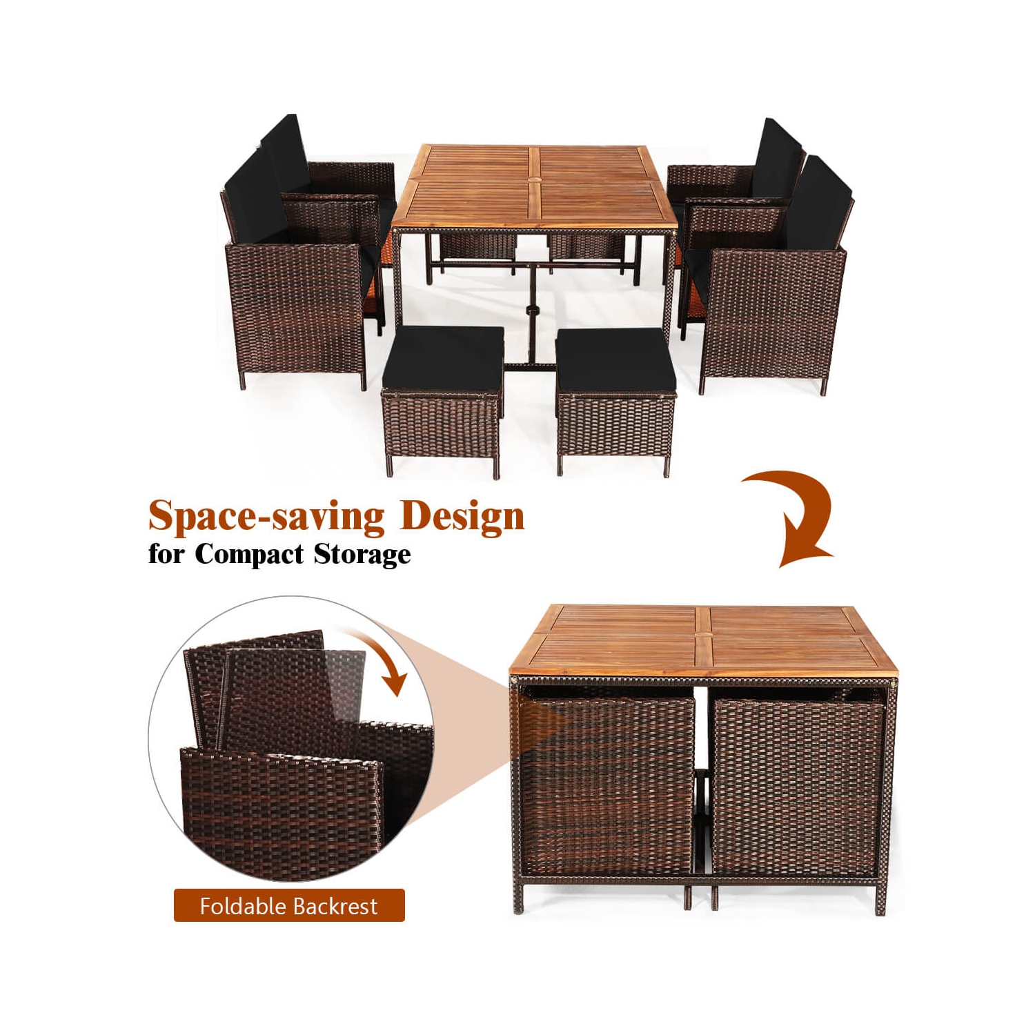 Ensemble de patio en rotin de Costway 9 pièces Chaises coussinées Pouf Table Dessus de table en bois