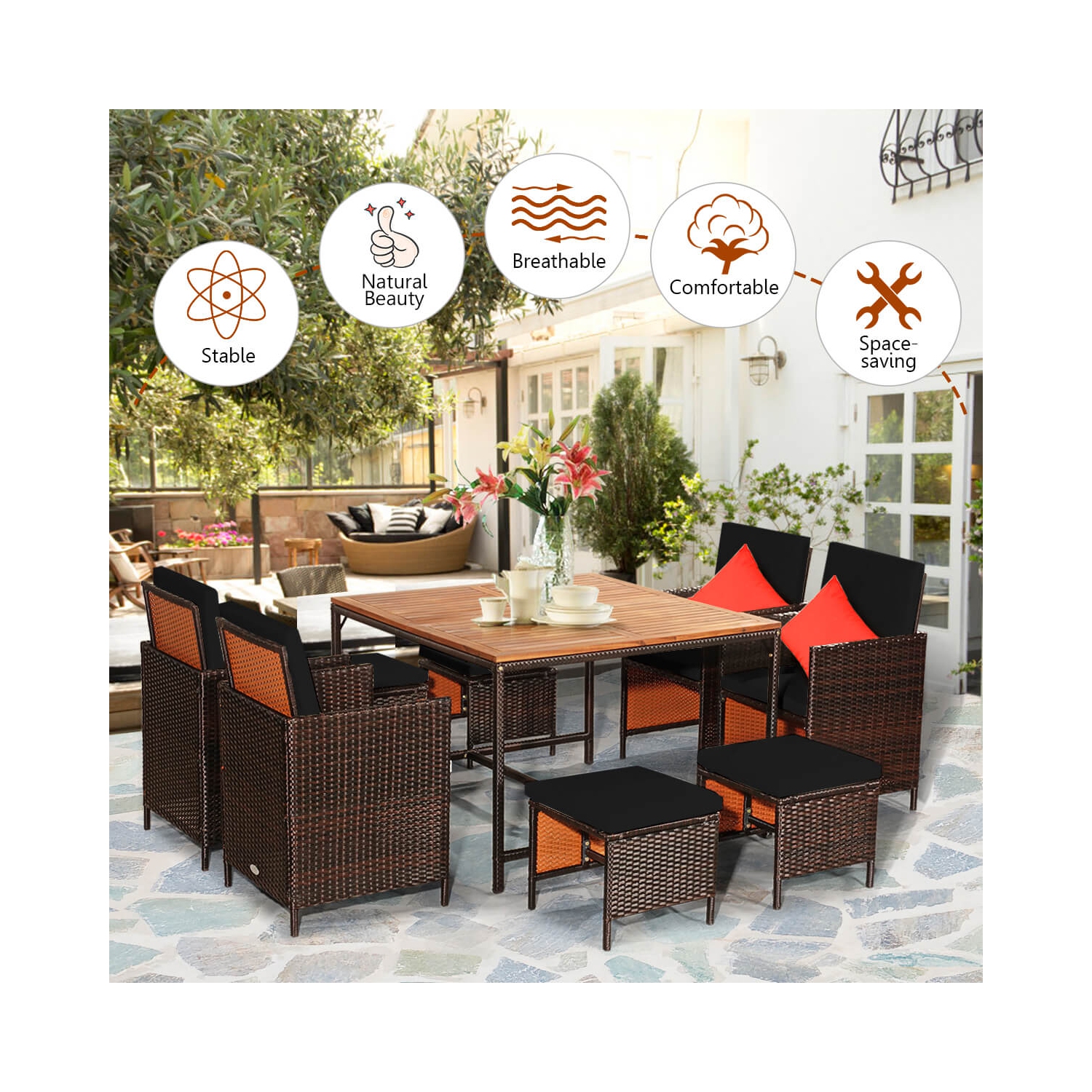 Ensemble de patio en rotin de Costway 9 pièces Chaises coussinées Pouf Table Dessus de table en bois