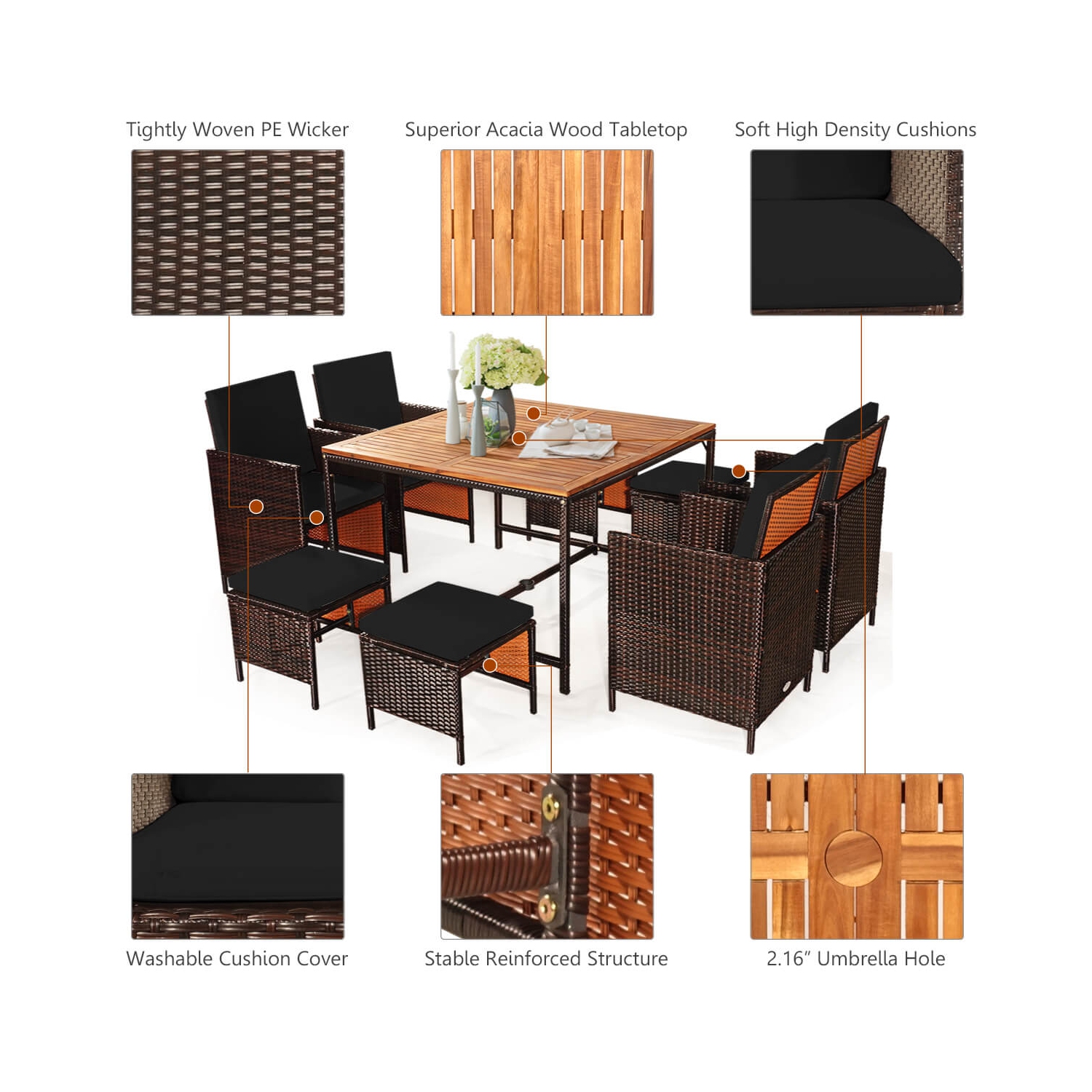 Ensemble de patio en rotin de Costway 9 pièces Chaises coussinées Pouf Table Dessus de table en bois