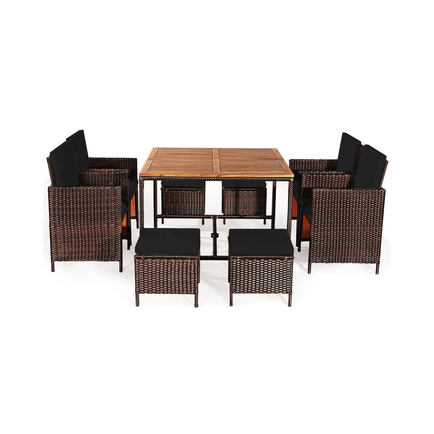 Ensemble de patio en rotin de Costway 9 pièces Chaises coussinées Pouf Table Dessus de table en bois