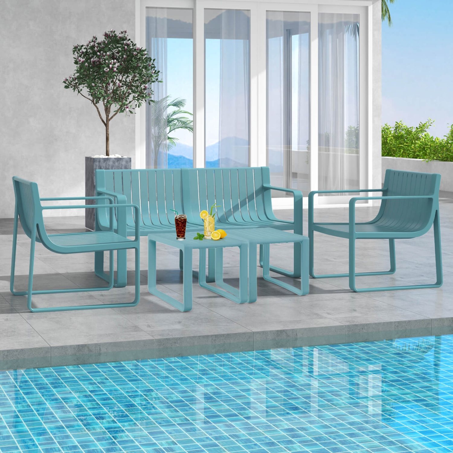 Costway 5 PCS Patio Furniture Set with 1 Loveseat 2 Patio Chairs & 2 Side Tables Blue/White