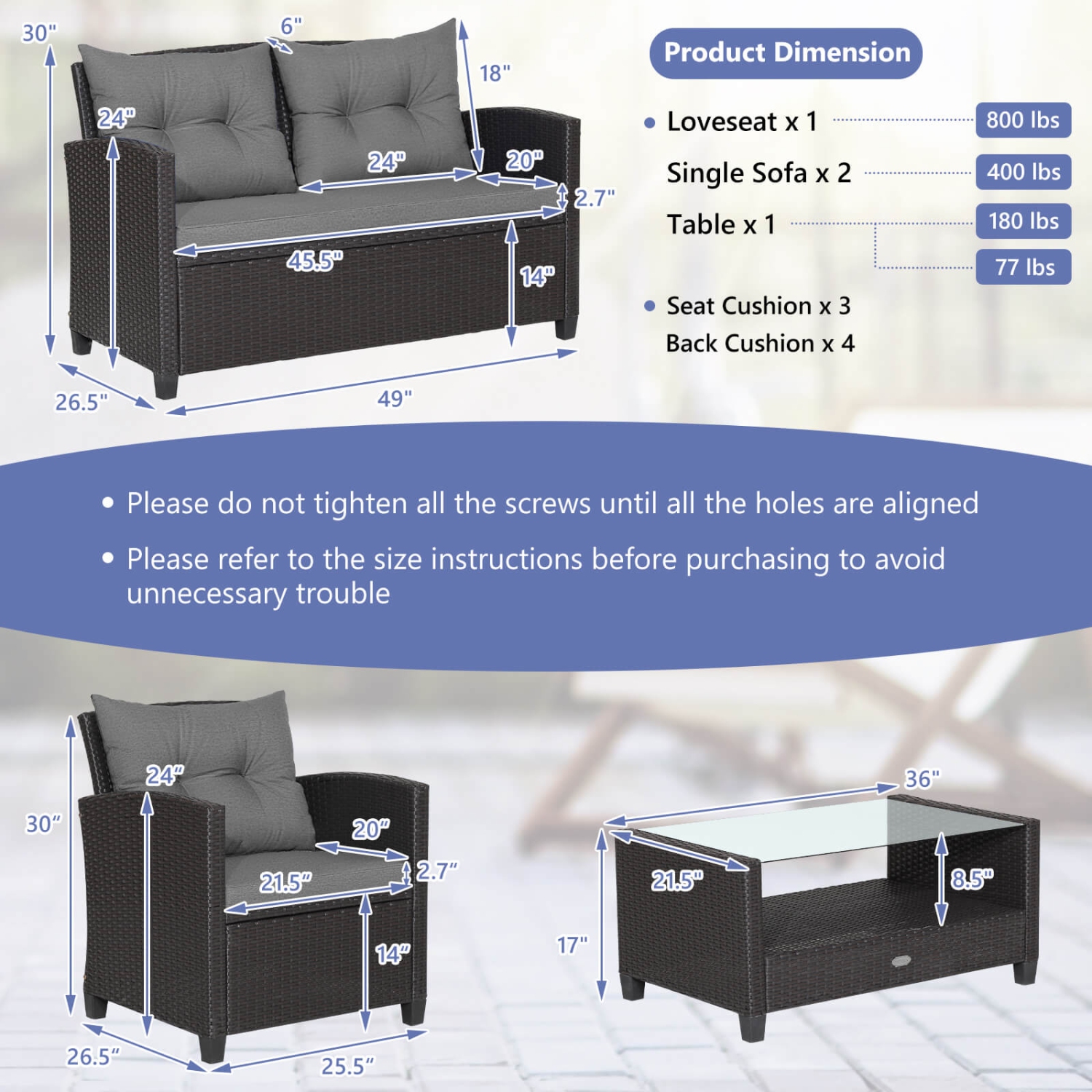 Ensemble de meubles de patio en rotin de Costway 8 PCS Table de table en verre Coussin de canapé gris