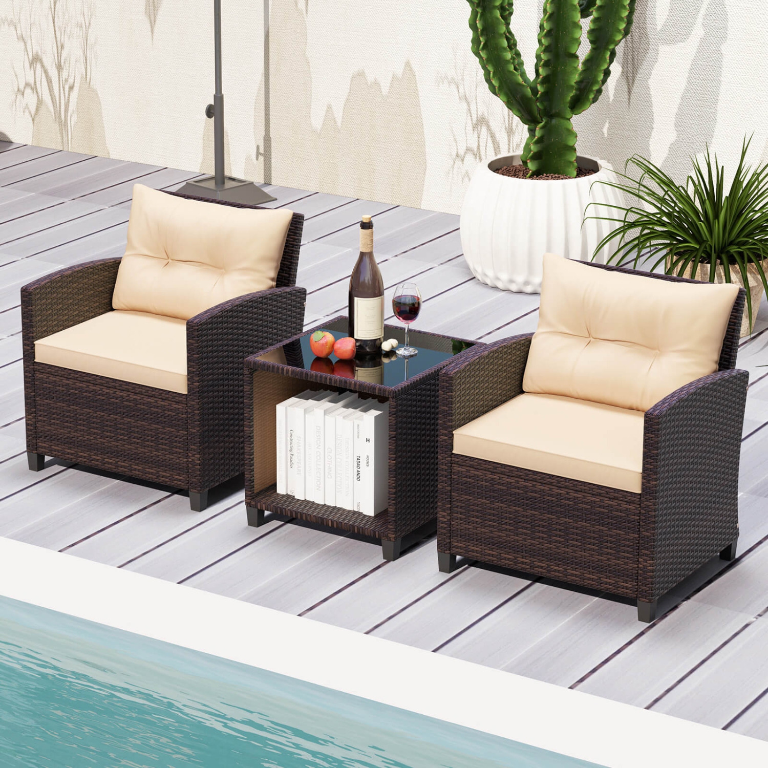 Costway 3 PCS Patio Sofa Set with Cushions & Tempered Glass Tabletop for Backyard