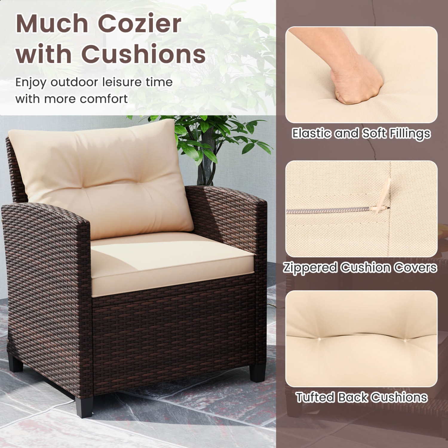 Costway 3 PCS Patio Sofa Set with Cushions & Tempered Glass Tabletop for Backyard