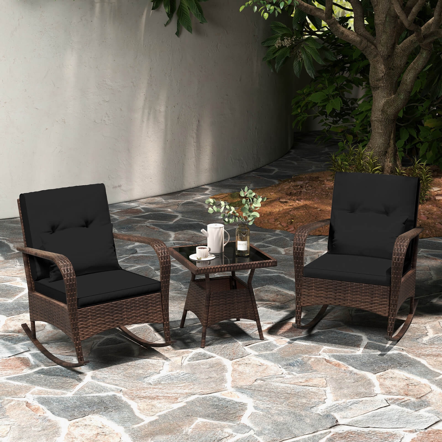 Costway 3 PCS Rocking Bistro Set with Removable Cushions & Tempered Glass Top Coffee Table