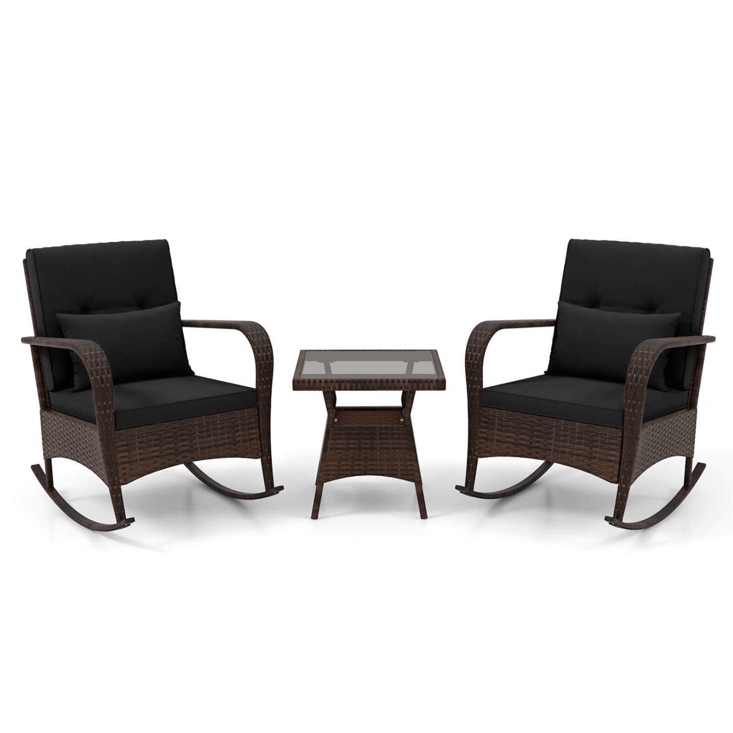 Costway 3 PCS Rocking Bistro Set with Removable Cushions & Tempered Glass Top Coffee Table