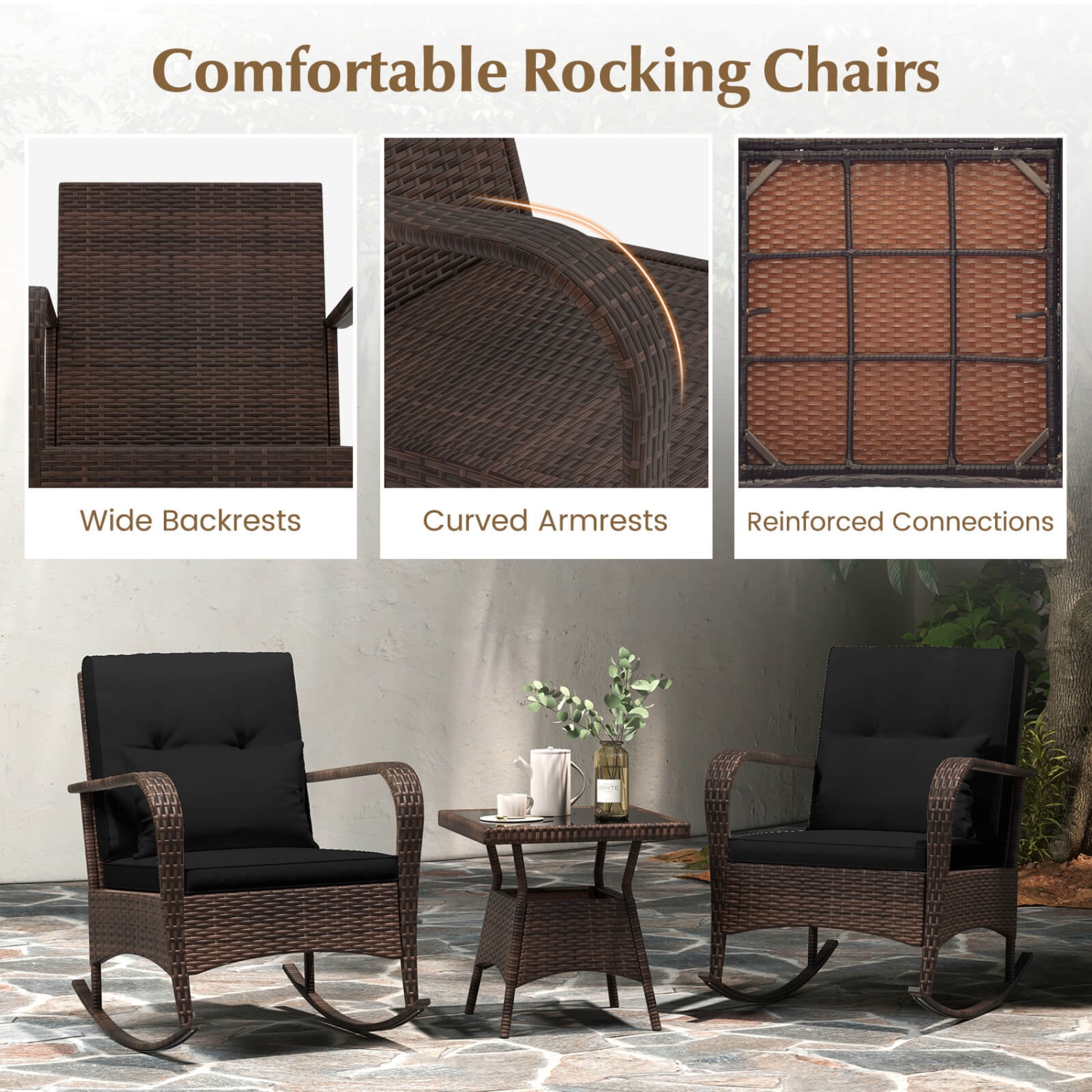 Costway 3 PCS Rocking Bistro Set with Removable Cushions & Tempered Glass Top Coffee Table