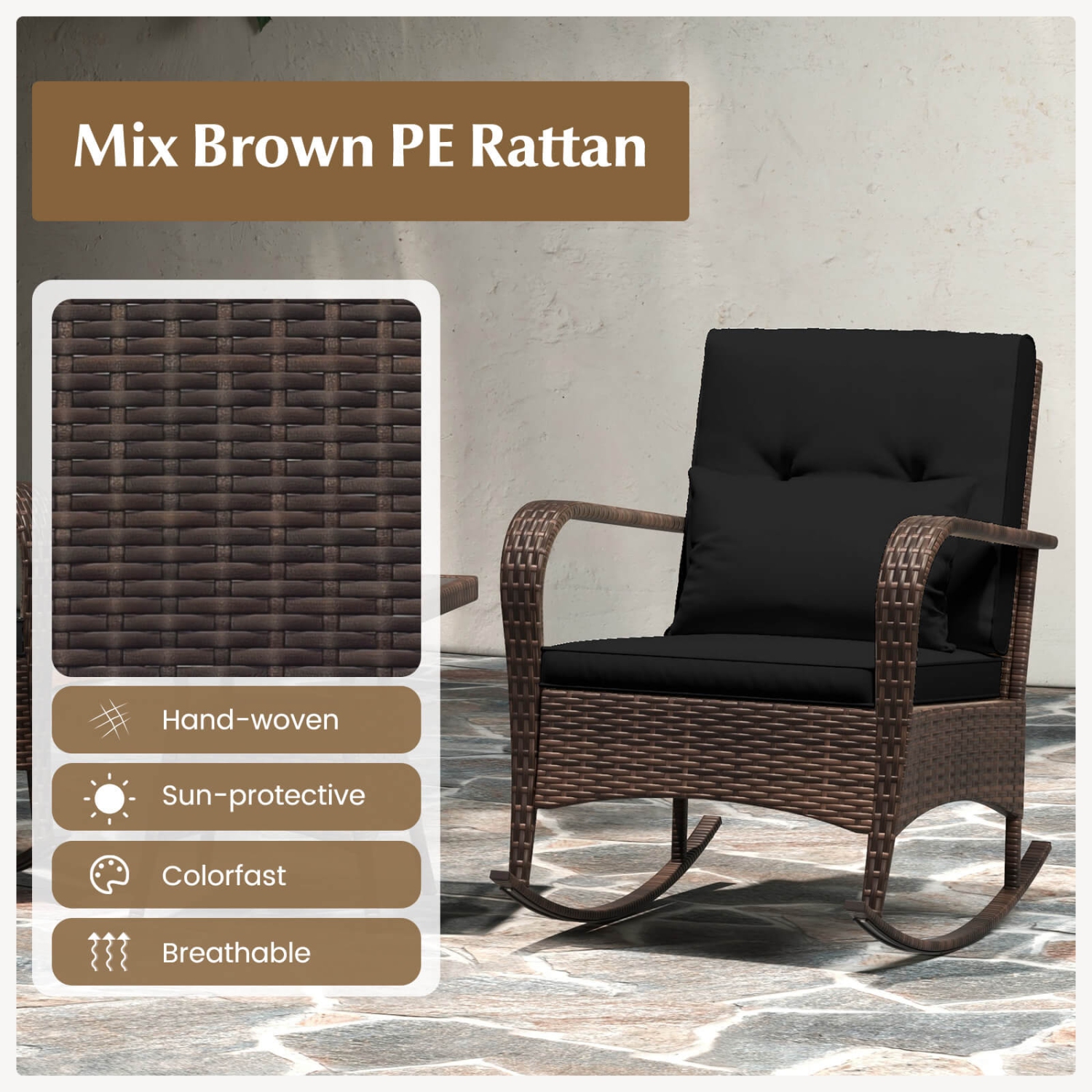 Costway 3 PCS Rocking Bistro Set with Removable Cushions & Tempered Glass Top Coffee Table