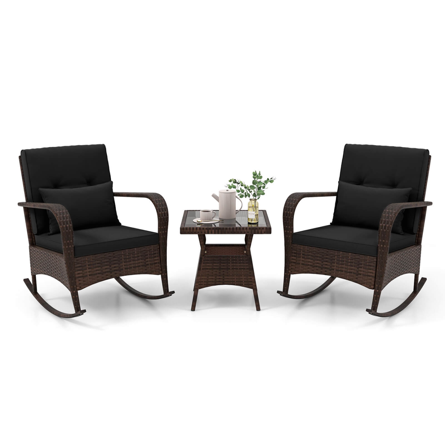 Costway 3 PCS Rocking Bistro Set with Removable Cushions & Tempered Glass Top Coffee Table