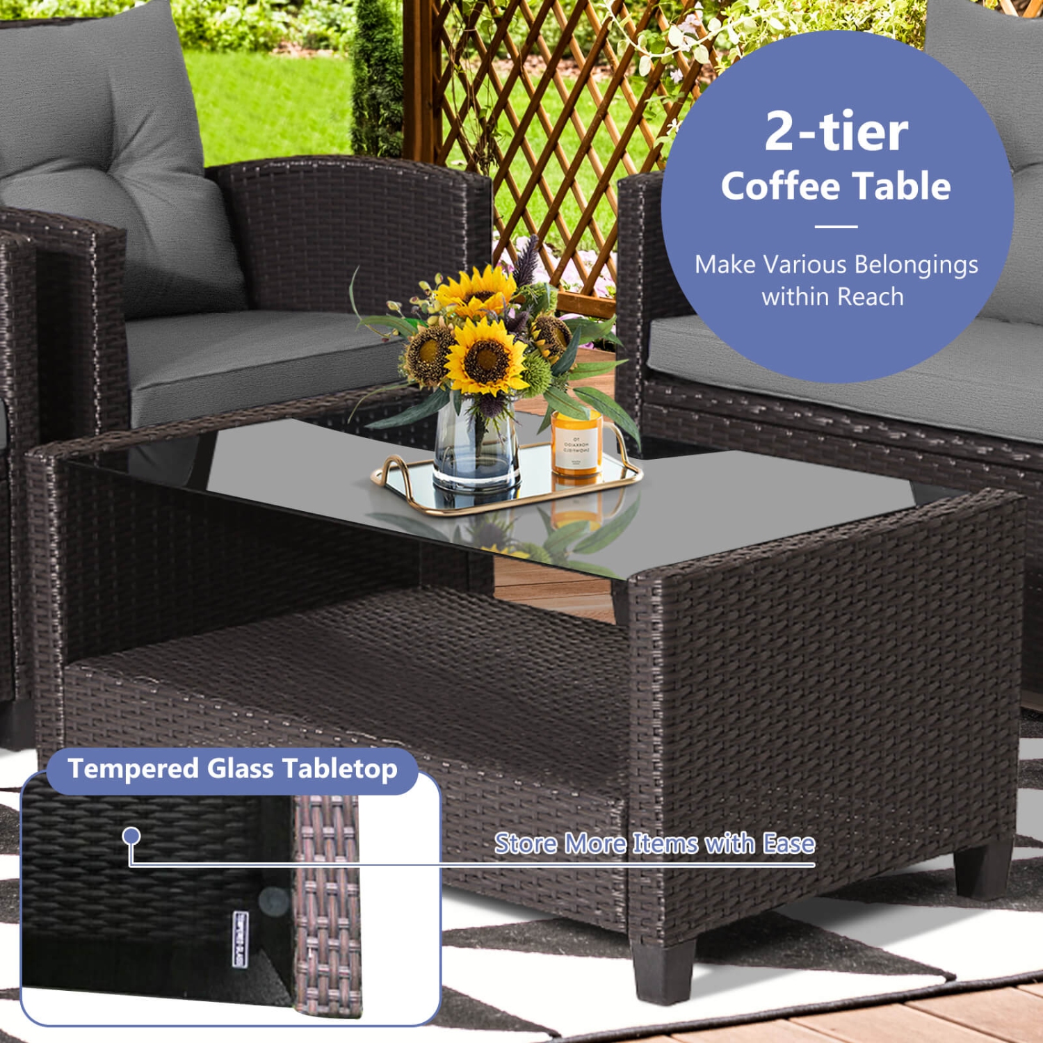 Ensemble de meubles de patio en rotin de Costway 4 PCS Table de table en verre Coussin de canapé gris