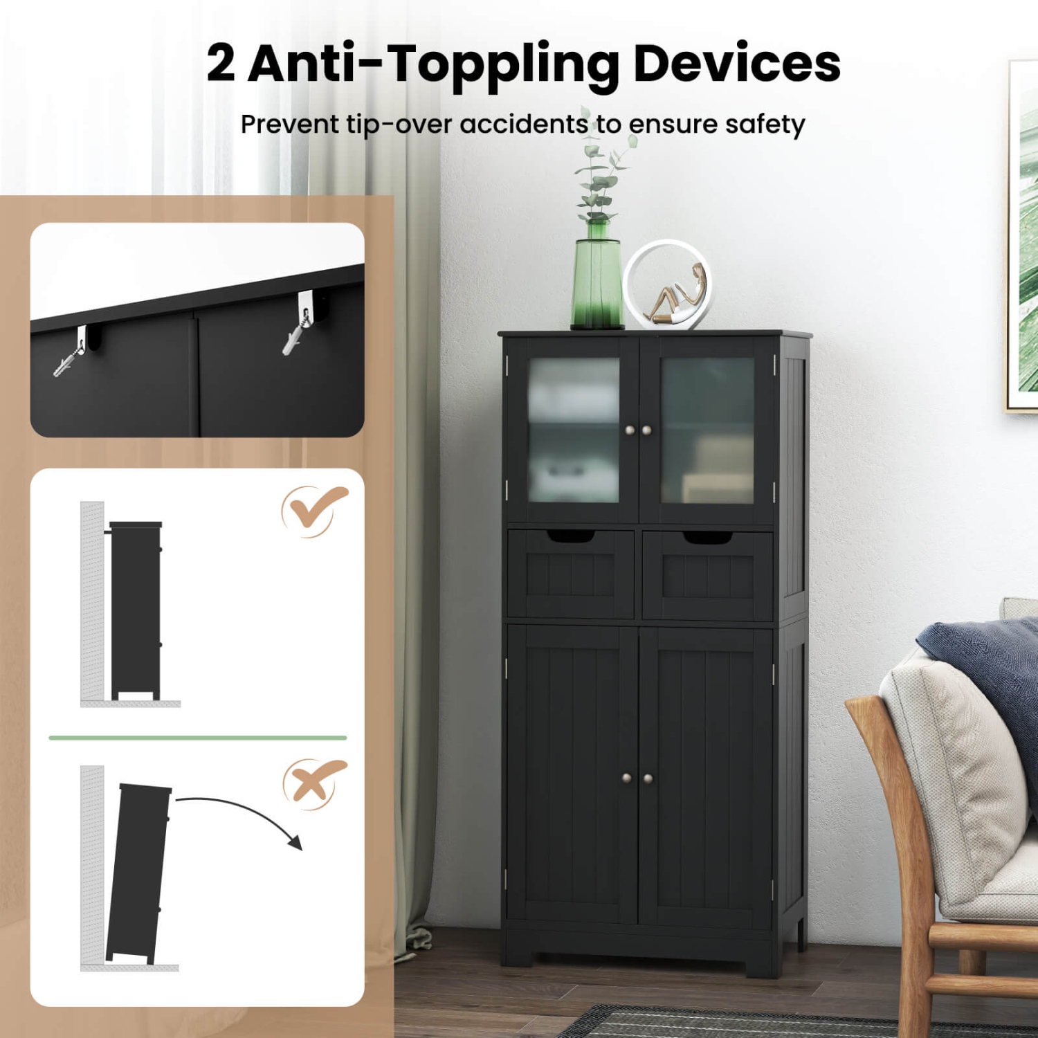 Costway Bathroom Floor Storage Cabinet Kitchen Cupboard with 2 Drawers & Glass Doors White/Gray/Black