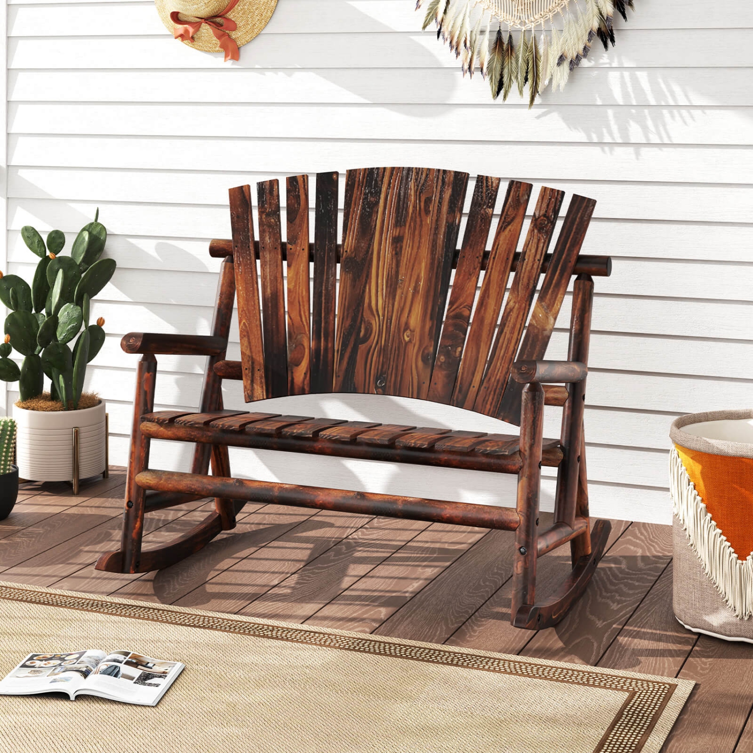 Costway 2-Person Outdoor Adirondack Rocking Chair with High Back and Slatted Seat