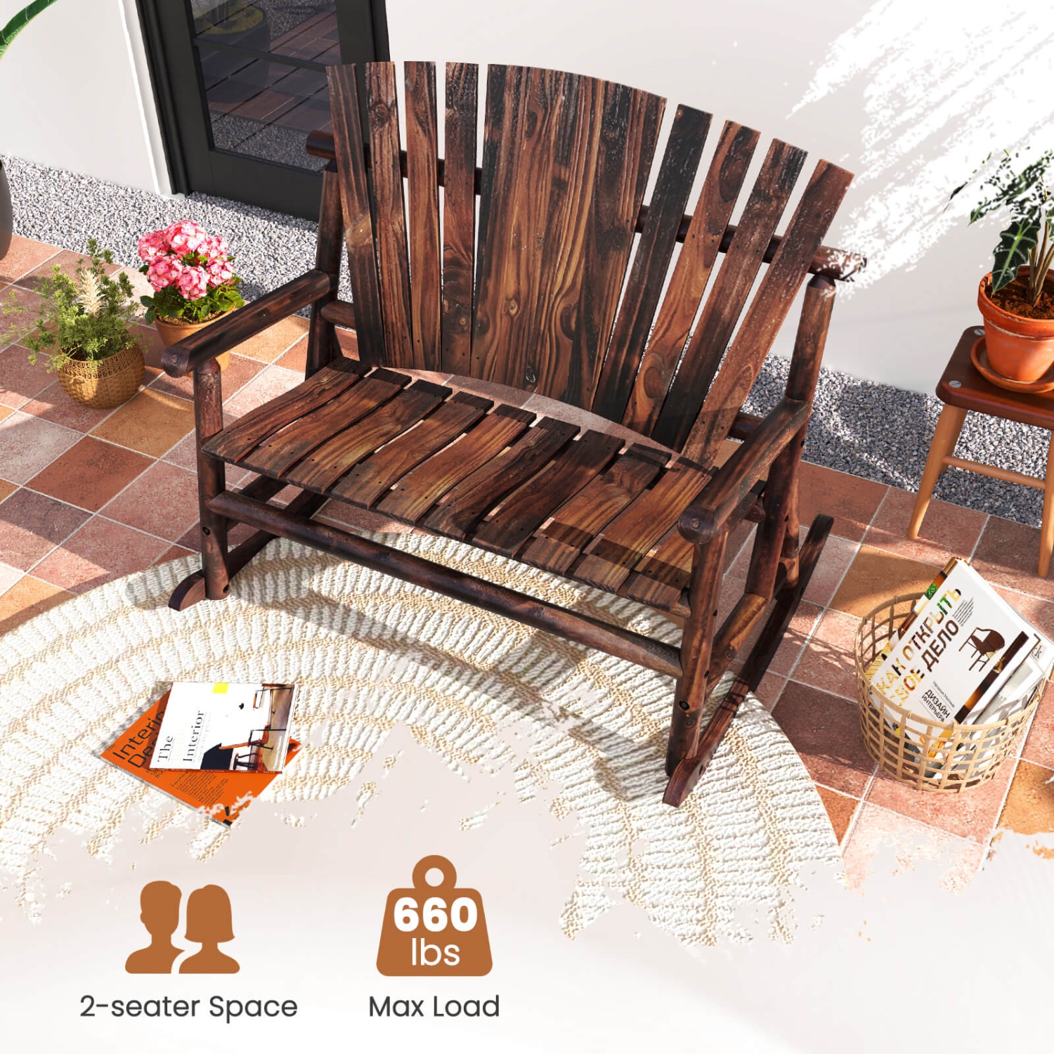 Costway 2-Person Outdoor Adirondack Rocking Chair with High Back and Slatted Seat
