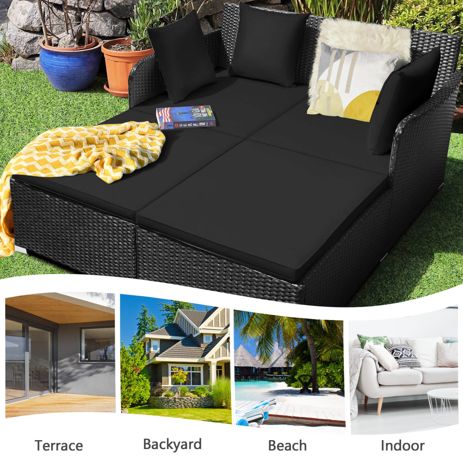Costway Outdoor Patio Rattan Daybed Pillows Cushioned Sofa Furniture