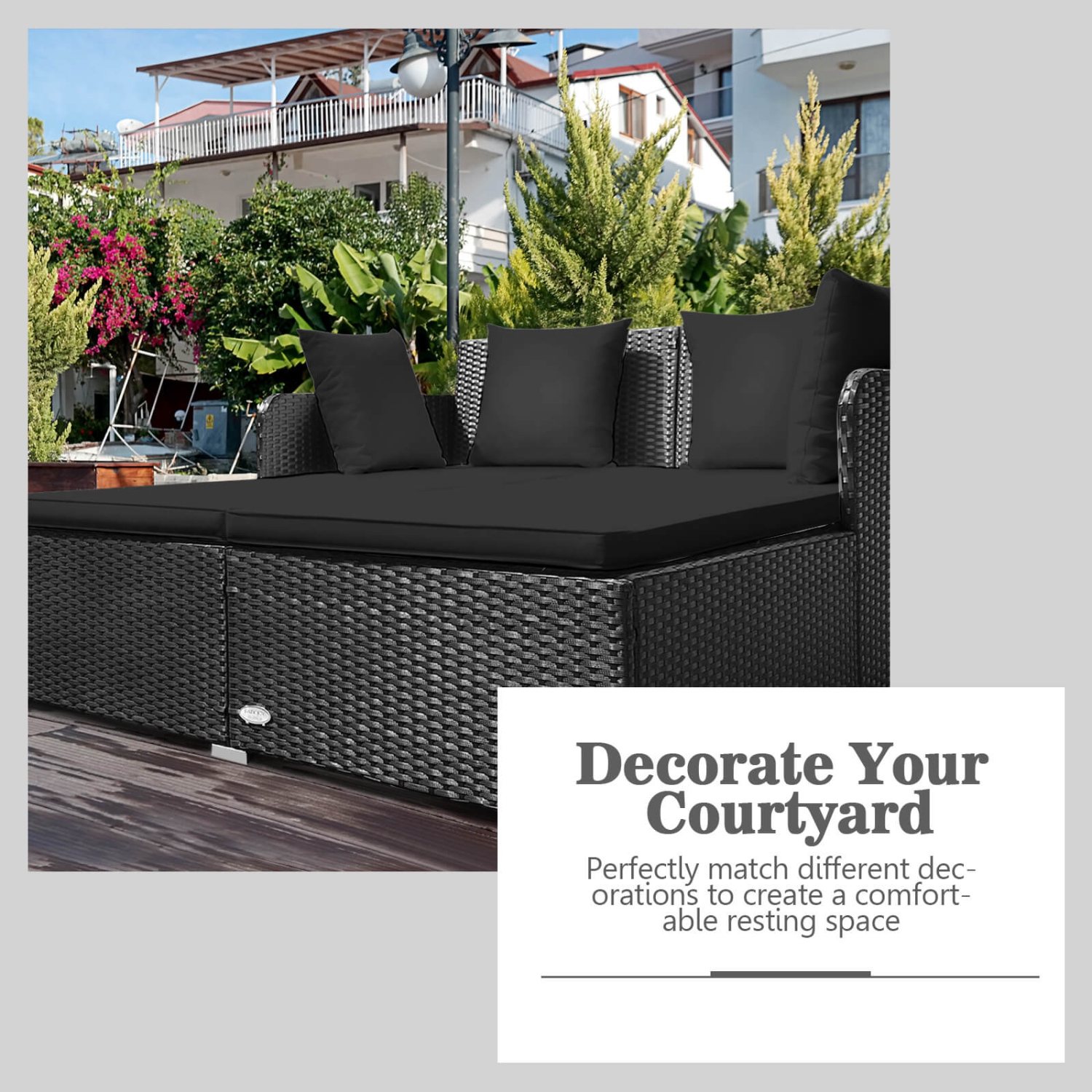 Costway Outdoor Patio Rattan Daybed Pillows Cushioned Sofa Furniture