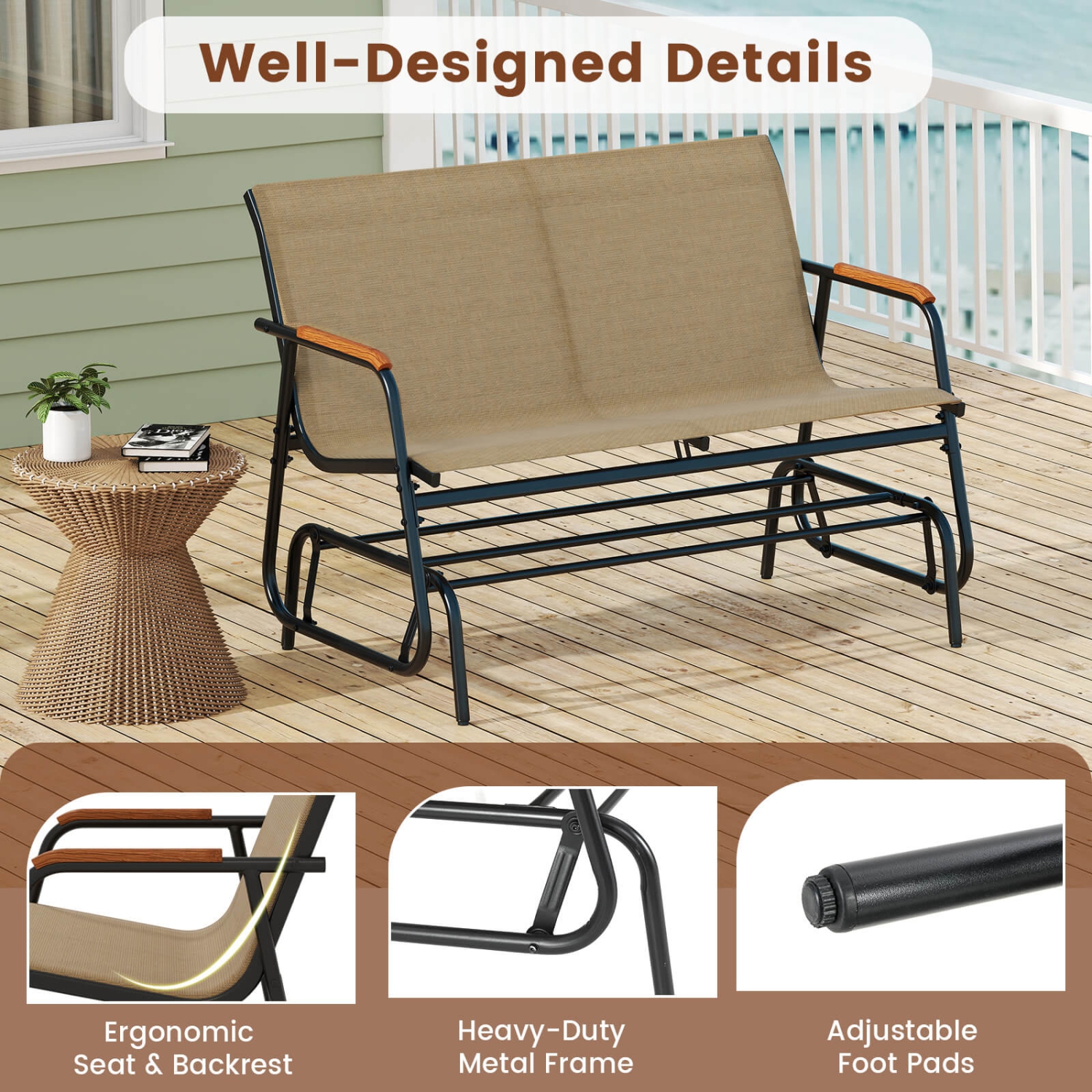 Costway Patio Glider Bench for 2 Swing Gliding Loveseat with Curved Teak Armrests for Porch