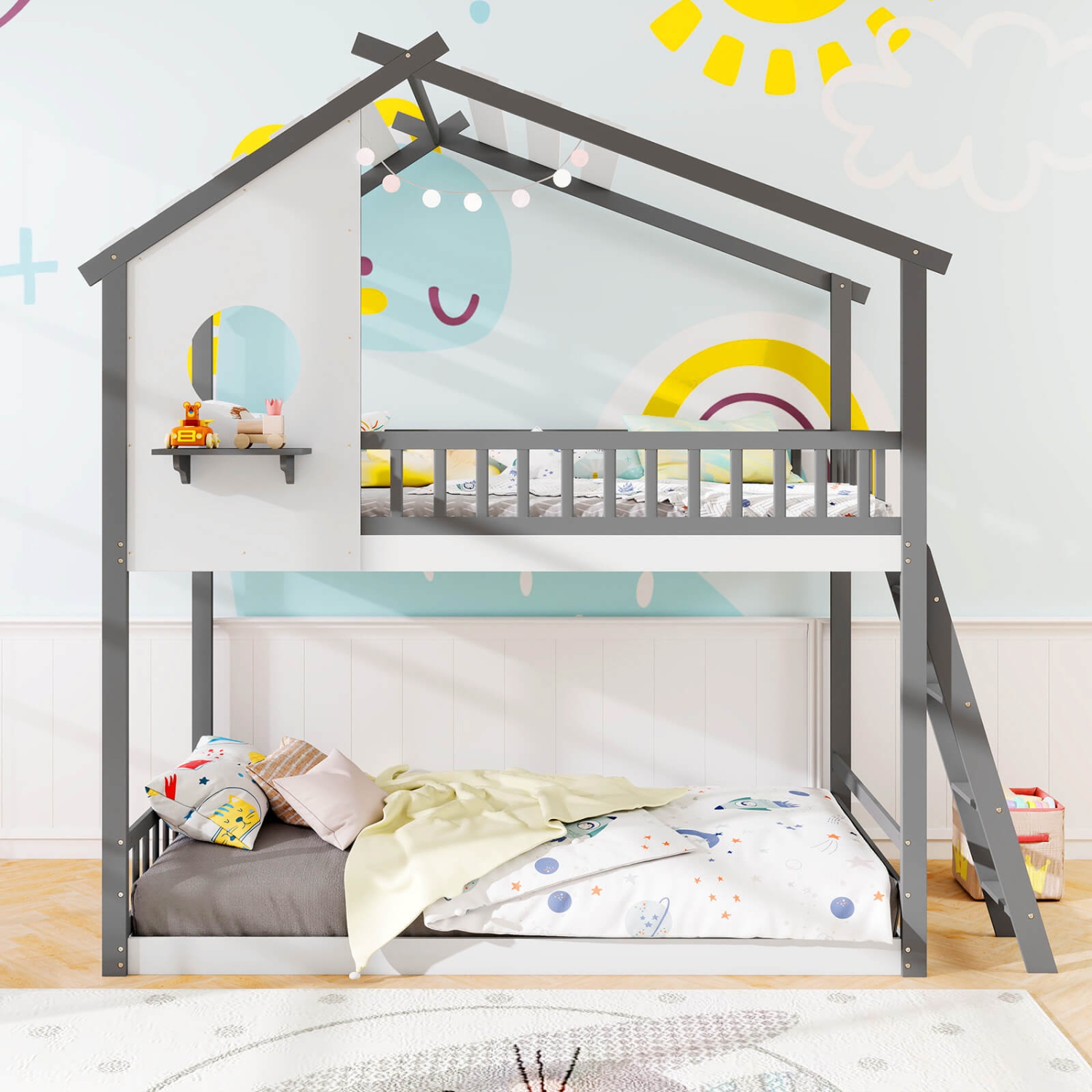 Costway Twin over Twin House Bunk Bed with Roof Ladder & Full-length Guardrails for Kids