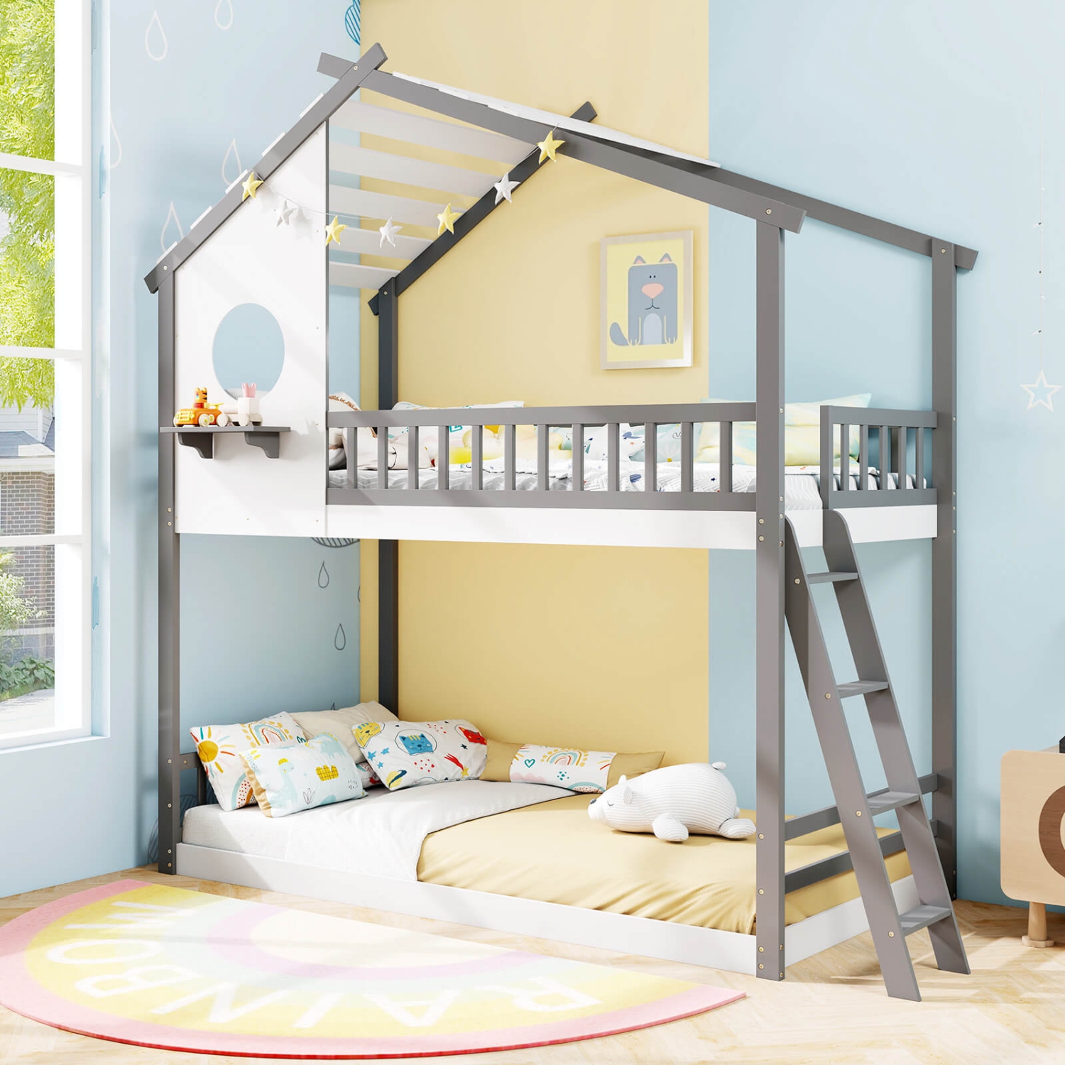 Costway Twin over Twin House Bunk Bed with Roof Ladder & Full-length Guardrails for Kids