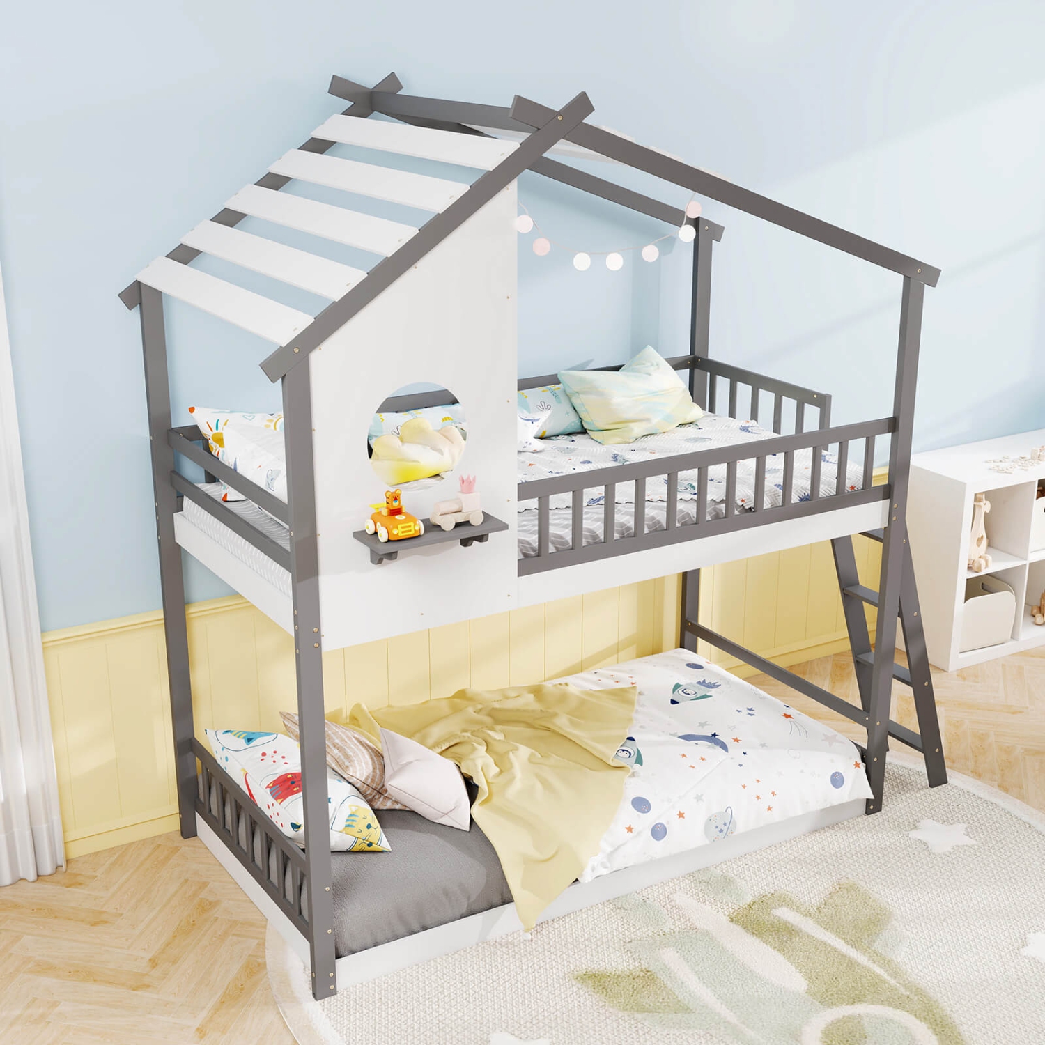 Costway Twin over Twin House Bunk Bed with Roof Ladder & Full-length Guardrails for Kids