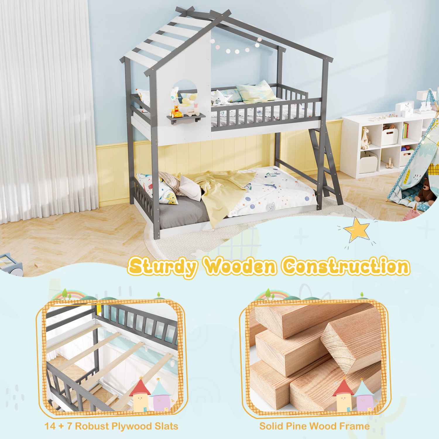 Costway Twin over Twin House Bunk Bed with Roof Ladder & Full-length Guardrails for Kids