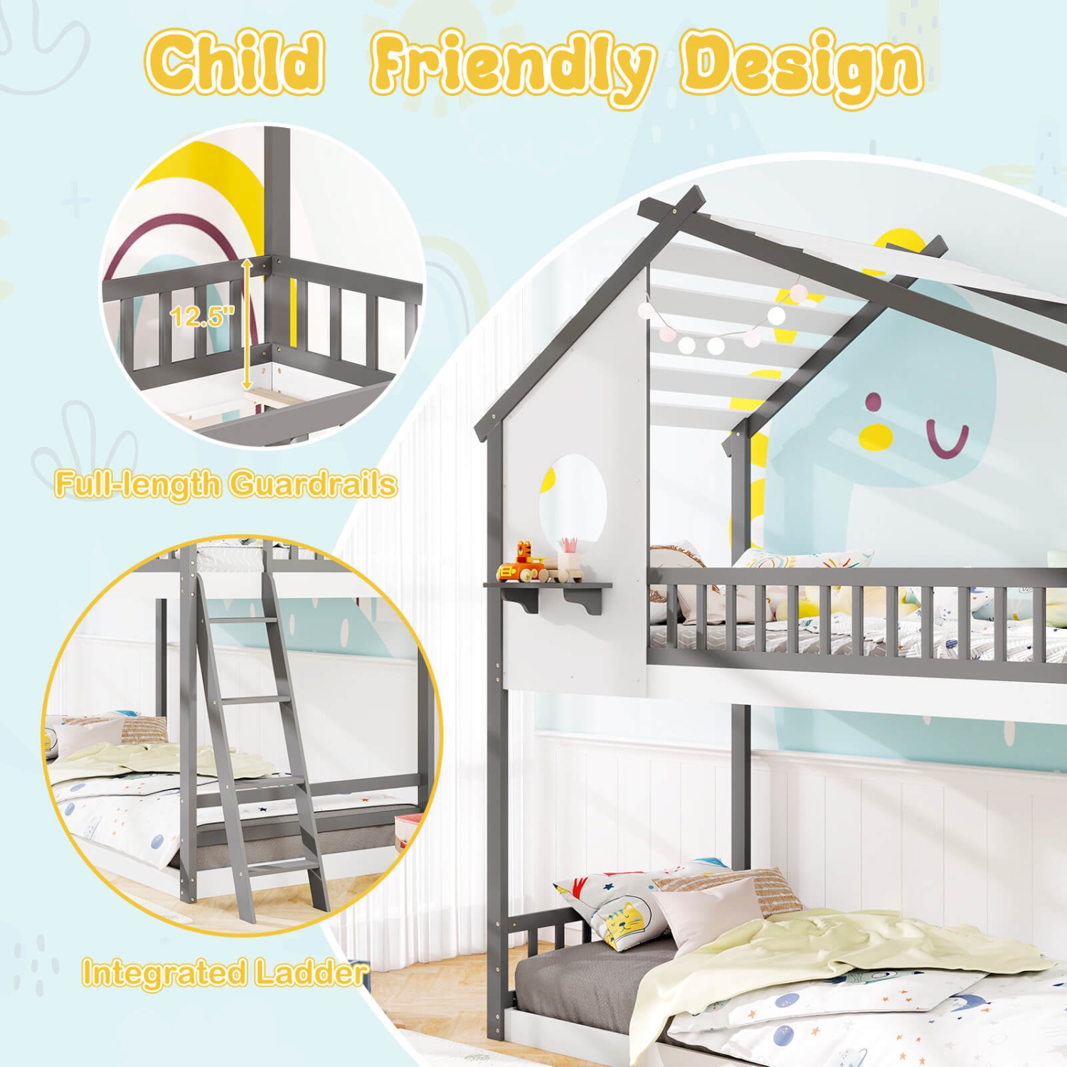 Costway Twin over Twin House Bunk Bed with Roof Ladder & Full-length Guardrails for Kids