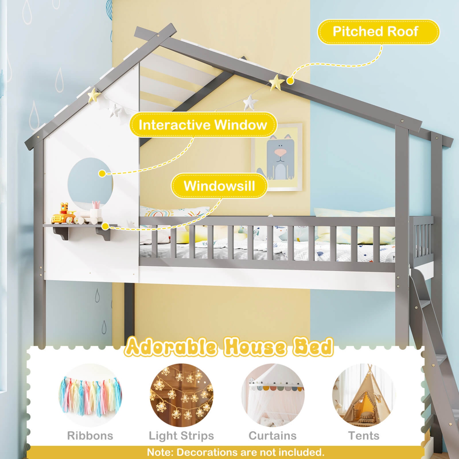 Costway Twin over Twin House Bunk Bed with Roof Ladder & Full-length Guardrails for Kids