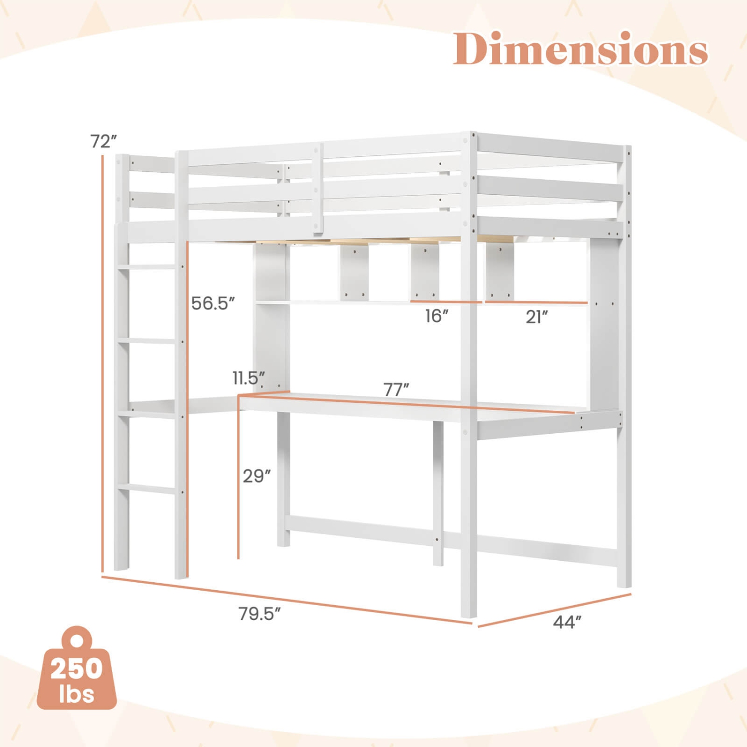 Costway Twin Size Loft Bed with Desk & Shelves Safety Guardrails & Ladder Storage