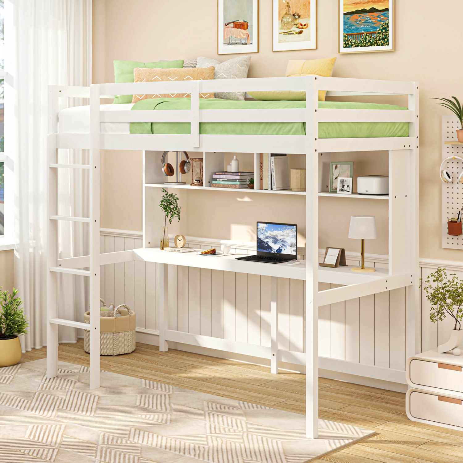 Costway Twin Size Loft Bed with Desk & Shelves Safety Guardrails & Ladder Storage