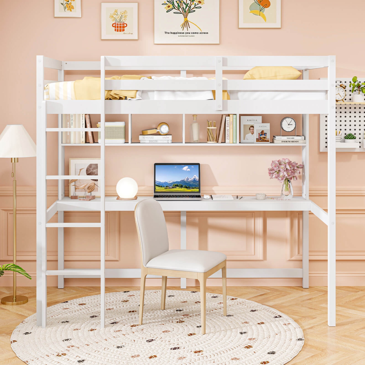 Costway Twin Size Loft Bed with Desk & Shelves Safety Guardrails & Ladder Storage