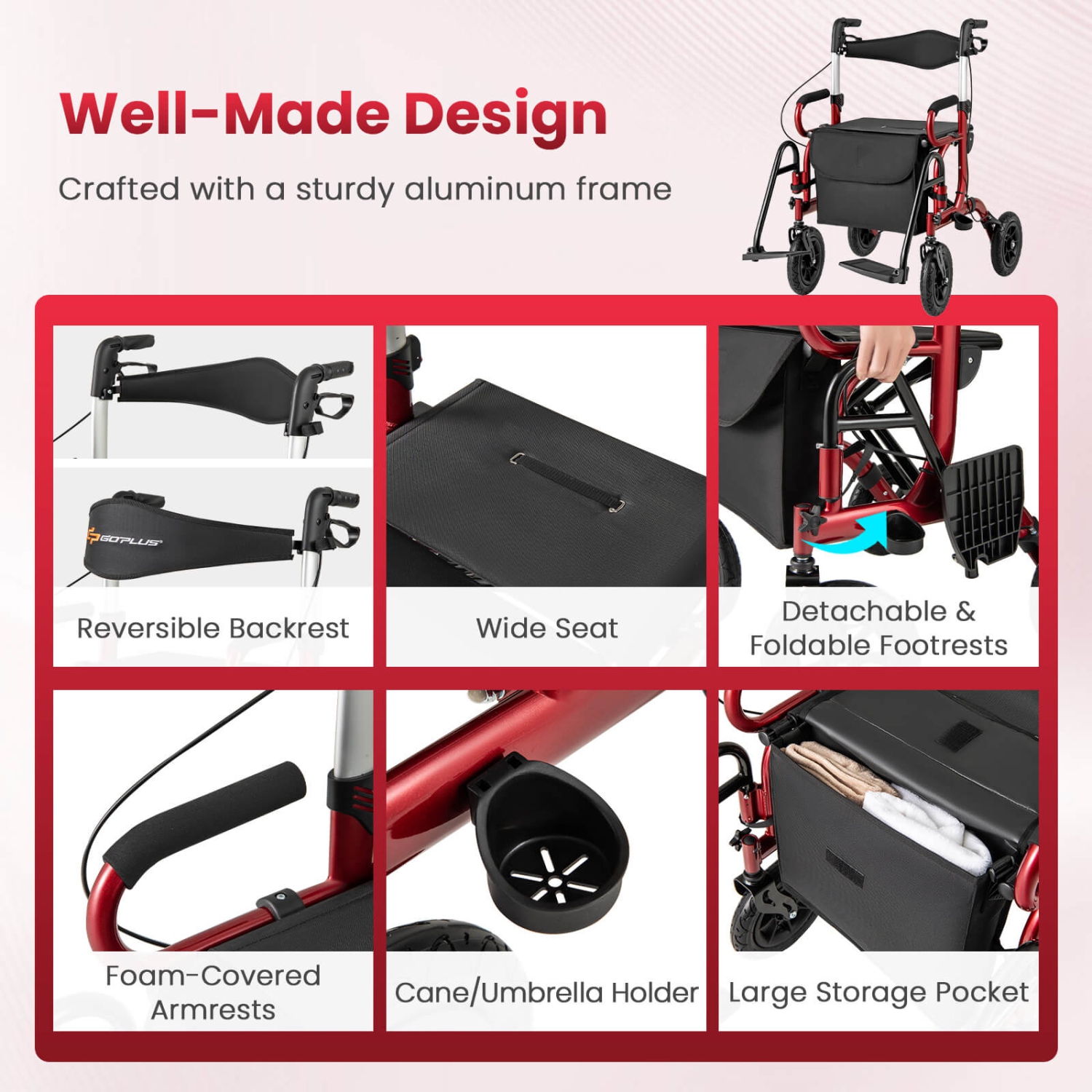 Déambulateur 2-en-1 pour aînés avec siège Pneus pneumatiques de 9 po pour tout terrain noir/rouge/marine de Goplus