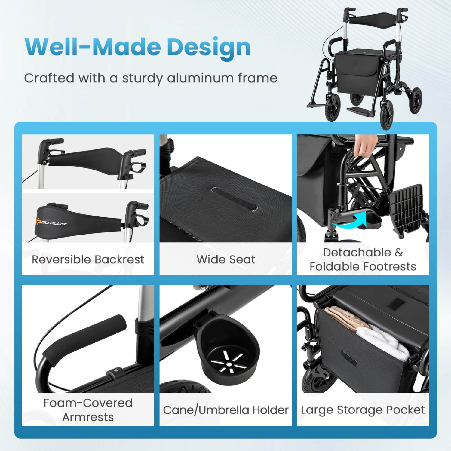 Déambulateur 2-en-1 pour aînés avec siège Pneus pneumatiques de 9 po pour tout terrain noir/rouge/marine de Goplus