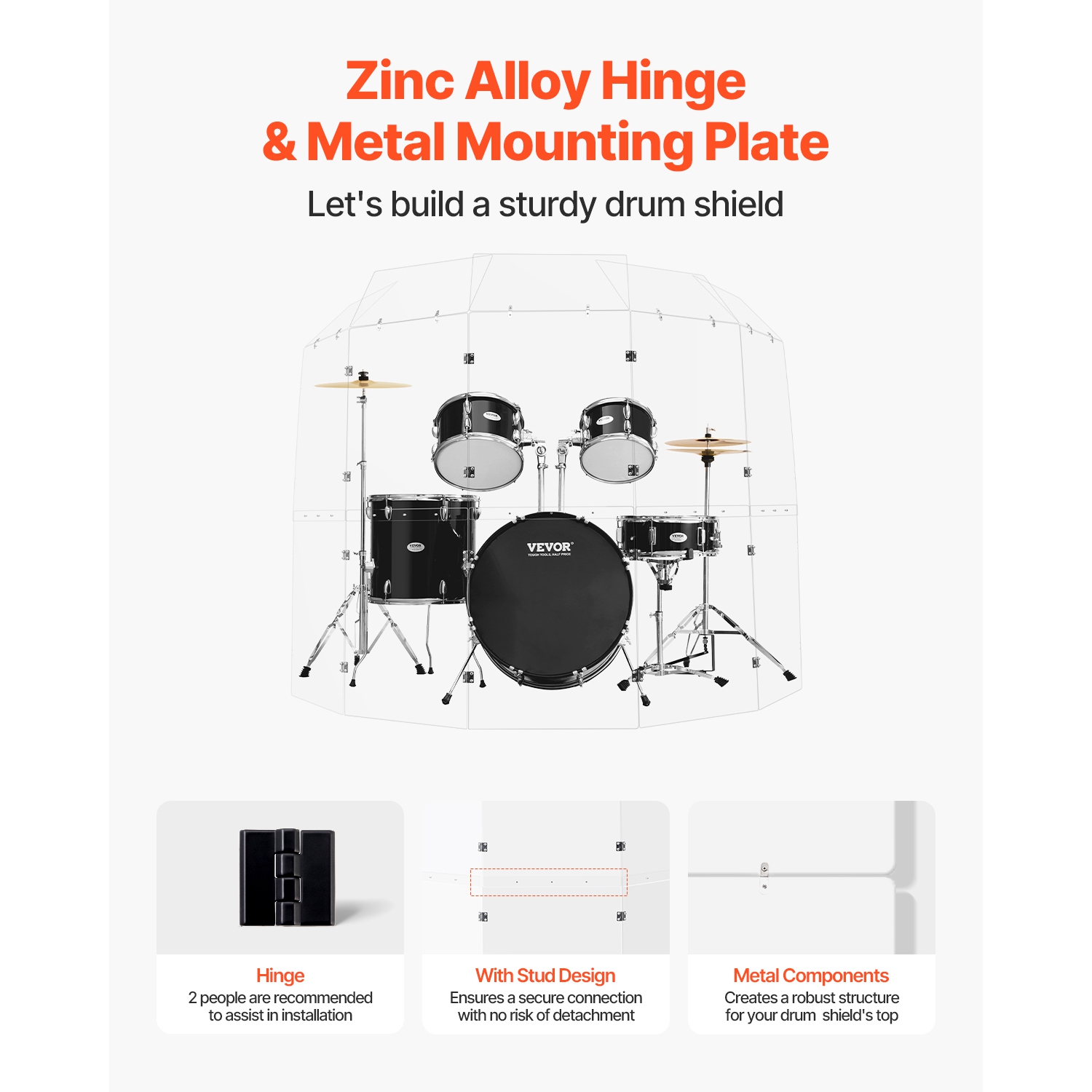 VEVOR 5 Panels 2ft x 5ft Acrylic Drum Cage with Zinc Alloy Hinges and Deflectors for Church Concert Halls, Drum Shields Drum Sound Barrier Suitable
