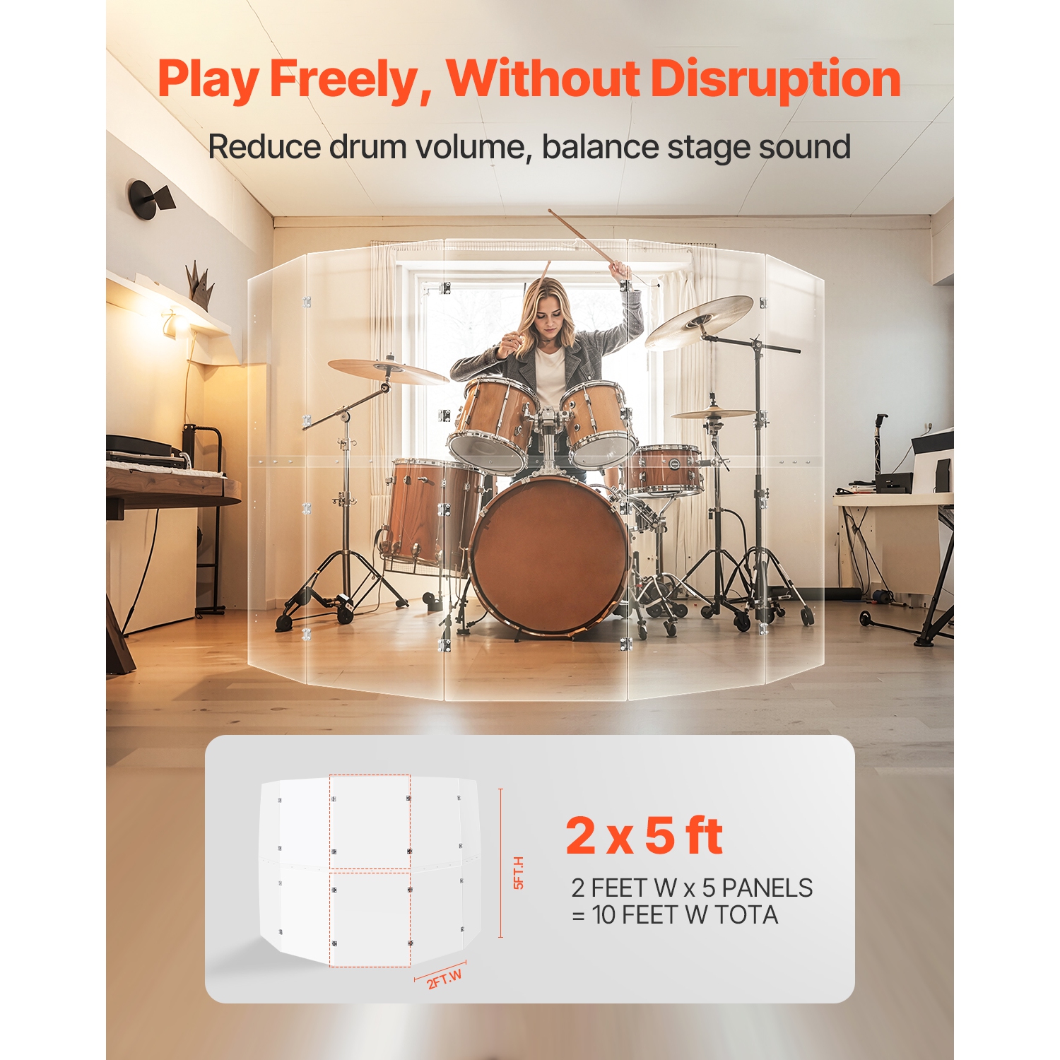 VEVOR 5 Panels 2 ft x 5 ft Acrylic Drum Cage with Zinc Alloy Hinges for Church Concert Halls Music Festivals, Drum Shields Drum Sound Barrier