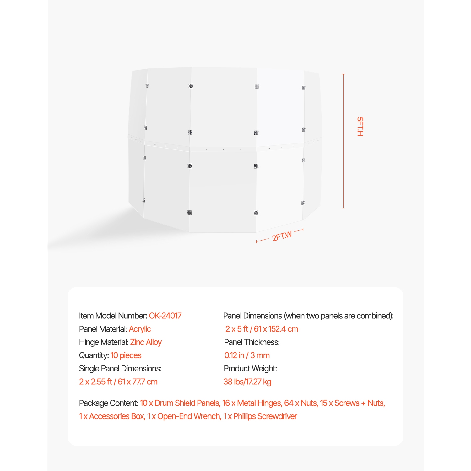 VEVOR 5 Panels 2 ft x 5 ft Acrylic Drum Cage with Zinc Alloy Hinges for Church Concert Halls Music Festivals, Drum Shields Drum Sound Barrier