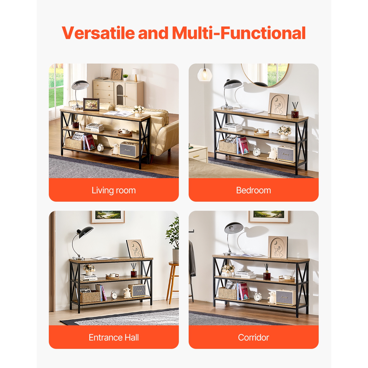 VEVOR 55.1 inches Narrow Console Sofa Table, Behind Couch Table, 3-Tier Long Entryway Table and Skinny Hallway Table, Narrow Sofa Table with Metal