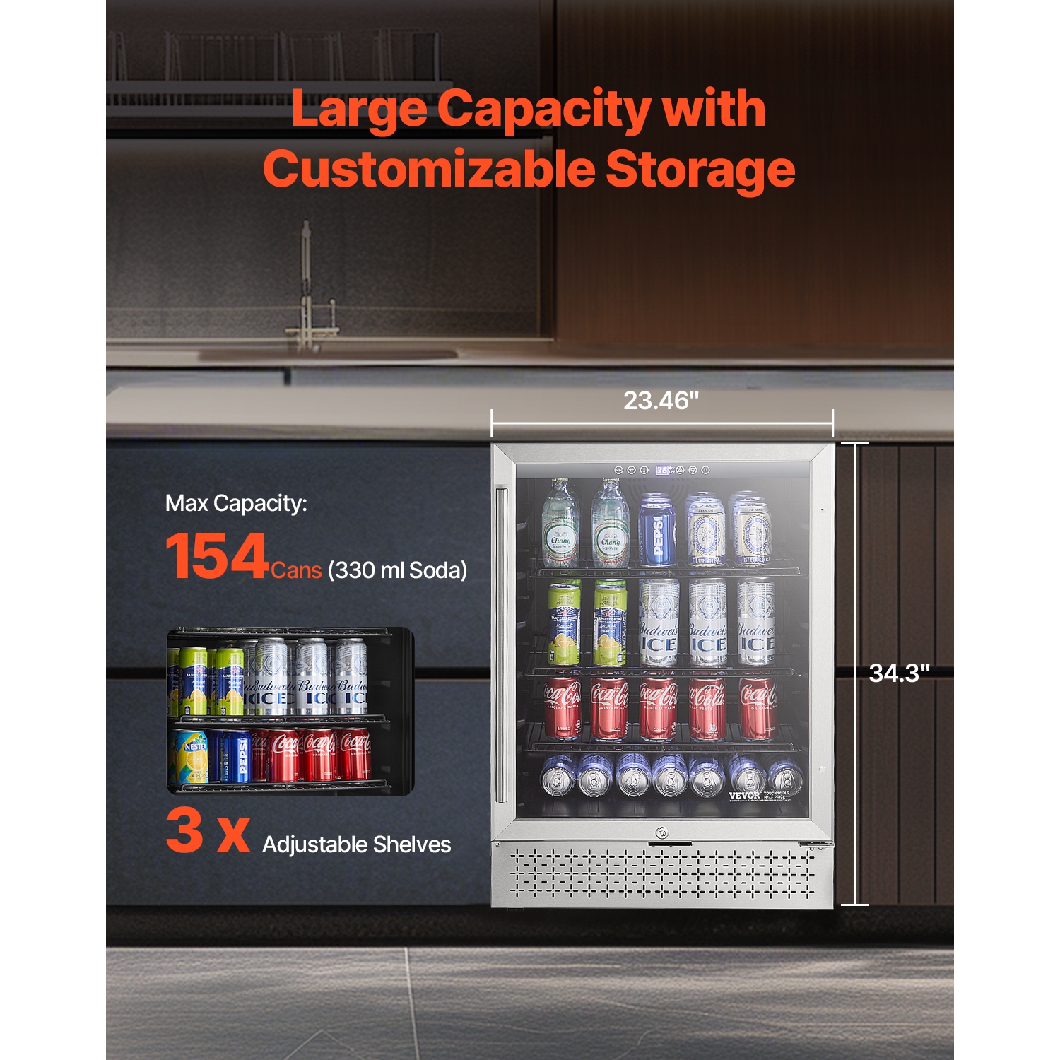 VEVOR Beverage Refrigerator Cooler, 154 Can Beverage Fridge, Mini Fridge with Glass Door, Adjustable Shelves, Digital Temperature Control, Built-in &