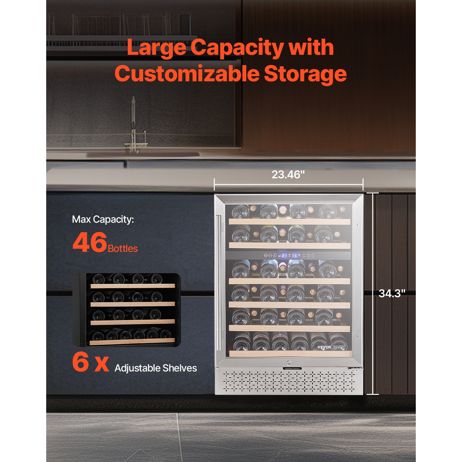 VEVOR 46 Bottle Wine Cooler, Dual Zone Wine Fridge, Built-in & Freestanding Fridge with Glass Door, Adjustable Shelves, Digital Temperature Control,