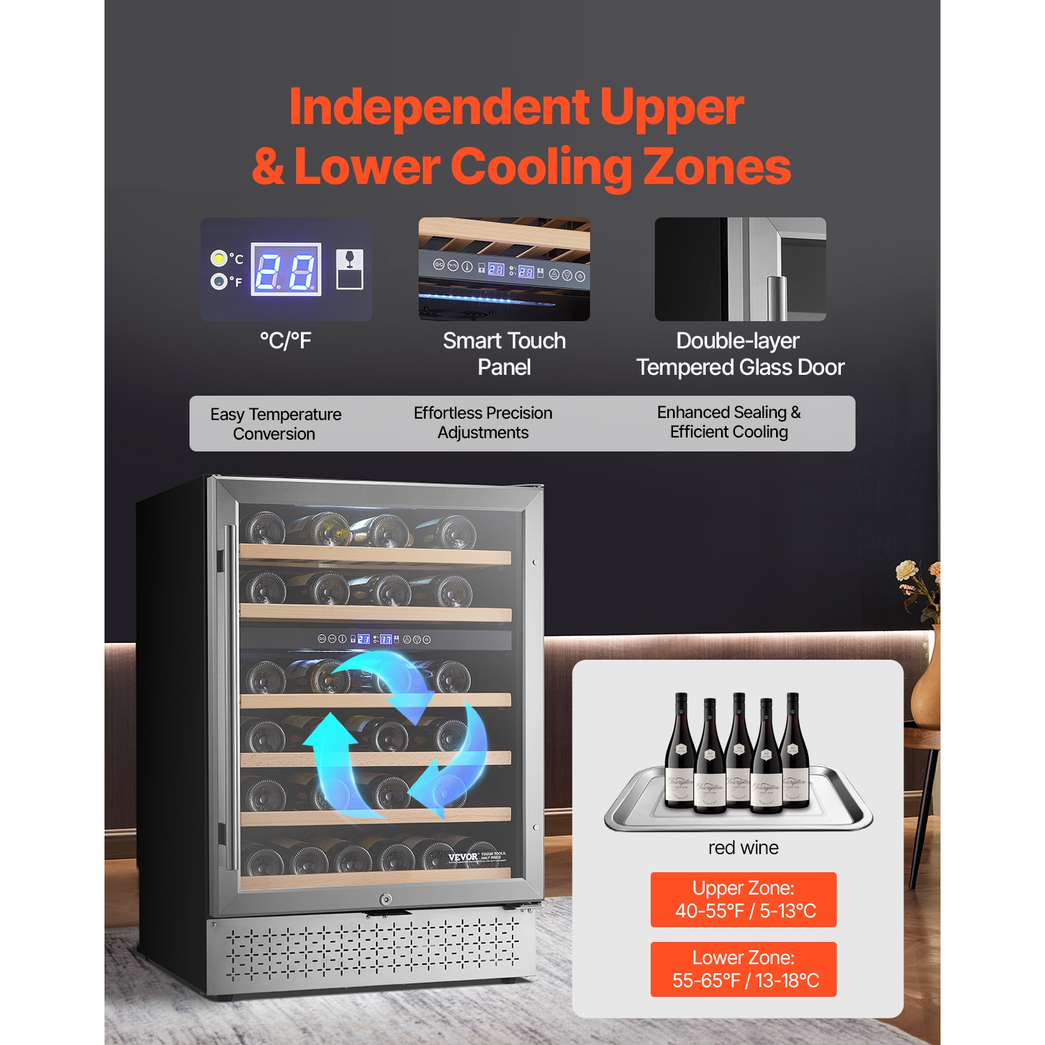 VEVOR 46 Bottle Wine Cooler, Dual Zone Wine Fridge, Built-in & Freestanding Fridge with Glass Door, Adjustable Shelves, Digital Temperature Control,