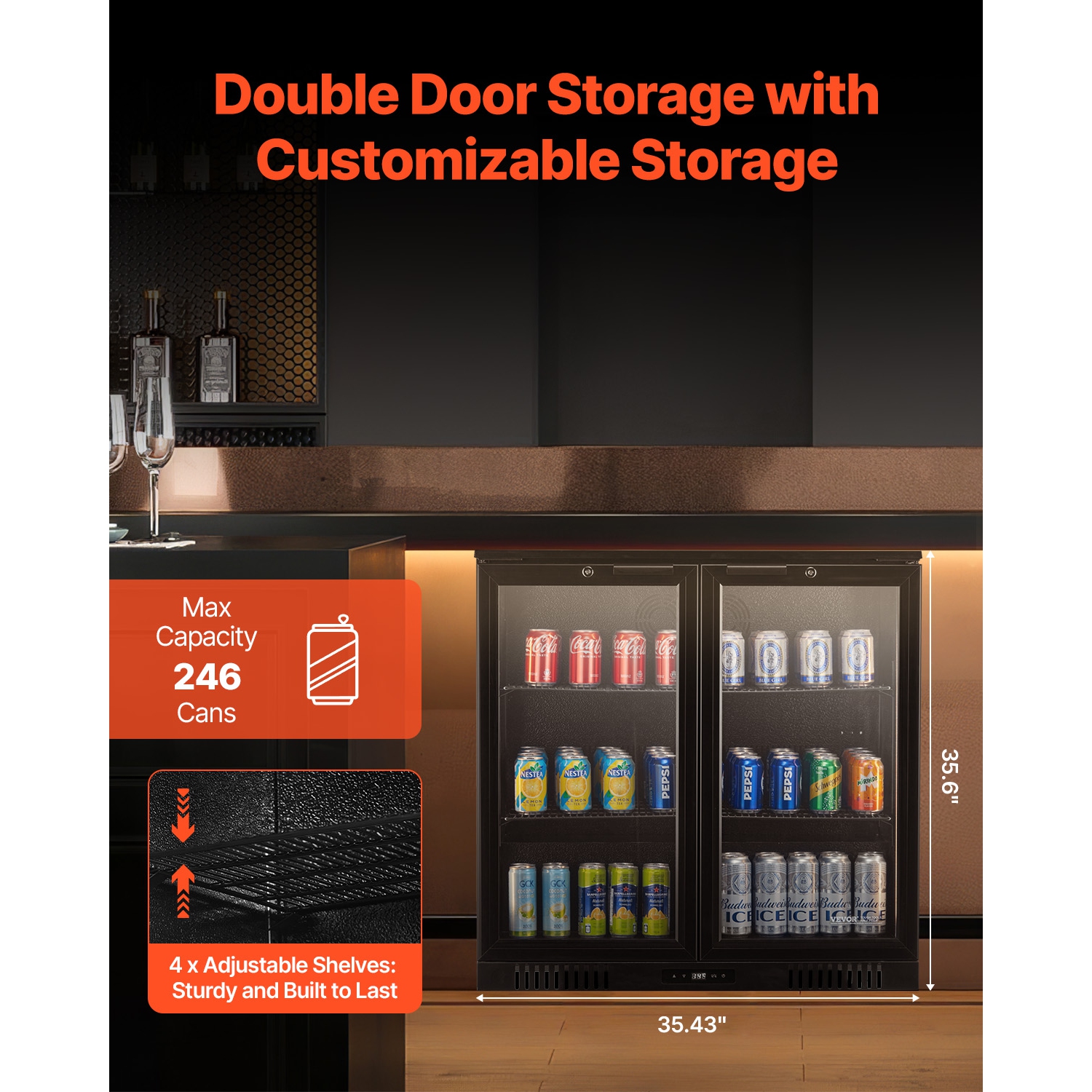 VEVOR Beverage Refrigerator Cooler, 246 Can Beverage Fridge, Soda Beer Fridge with Glass Doors, Adjustable Shelves, Digital Temperature Control,