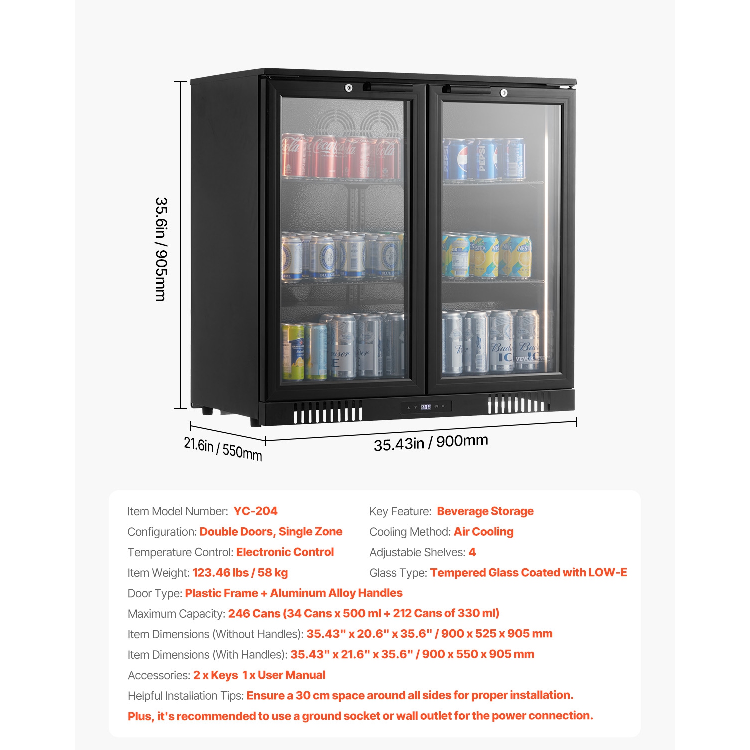 VEVOR Beverage Refrigerator Cooler, 246 Can Beverage Fridge, Soda Beer Fridge with Glass Doors, Adjustable Shelves, Digital Temperature Control,