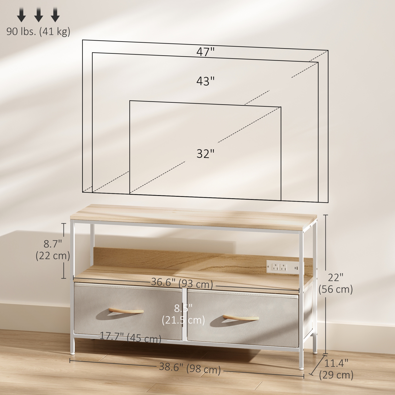HOMCOM TV Stand with Storage and Charging Station, TV Table with 2 Foldable Linen Drawers and Open Shelf for 47 Inch Television, Entertainment Center