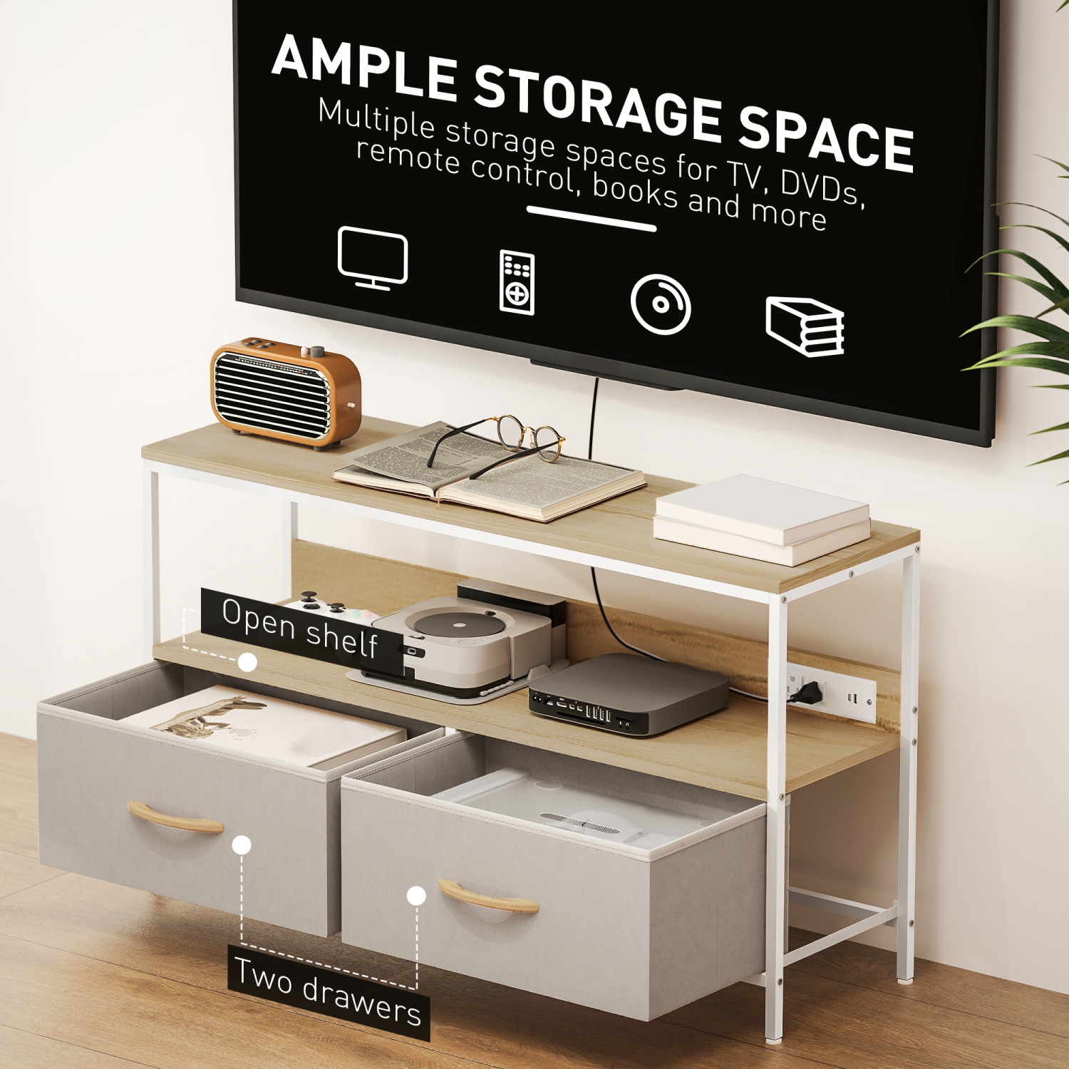 HOMCOM TV Stand with Storage and Charging Station, TV Table with 2 Foldable Linen Drawers and Open Shelf for 47 Inch Television, Entertainment Center