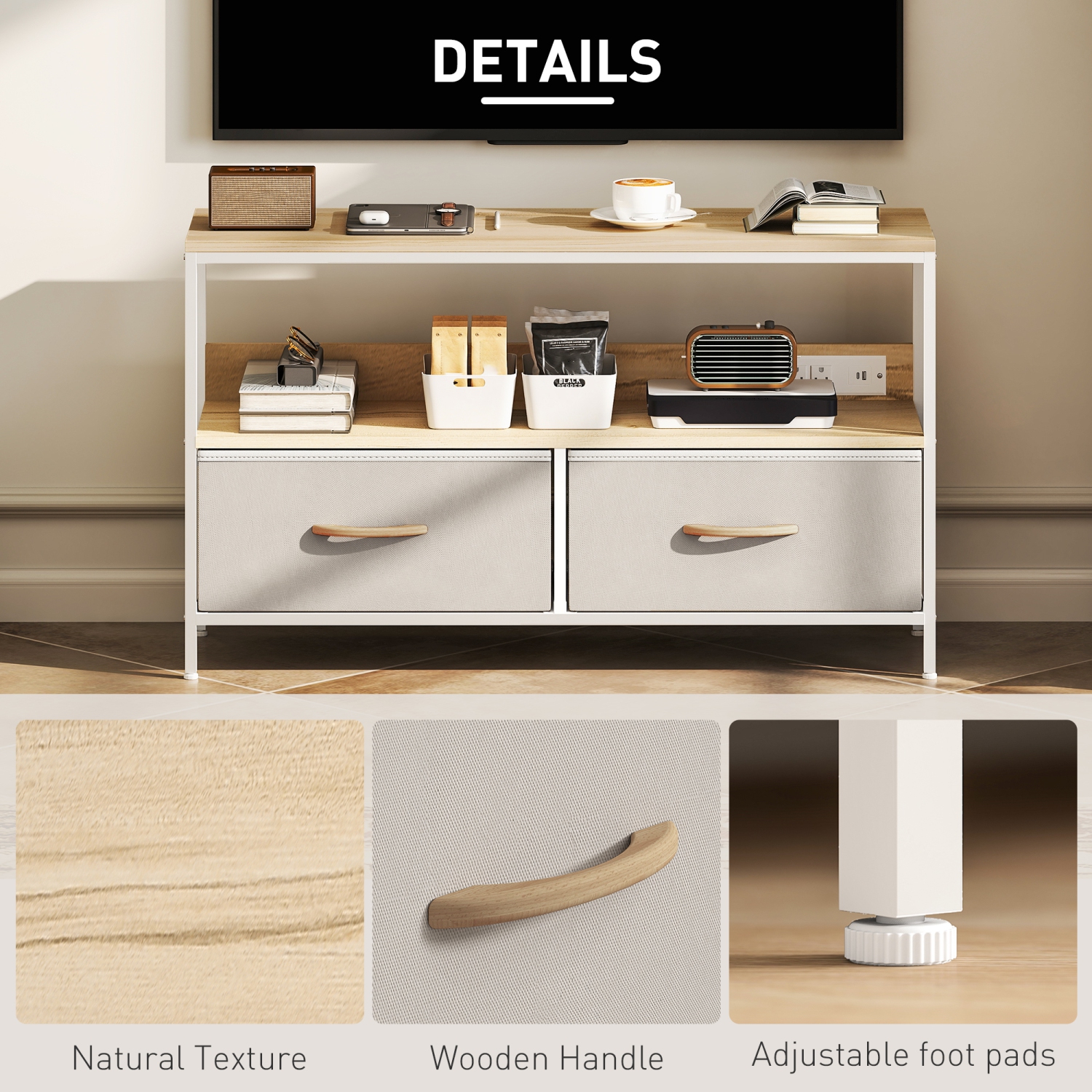 HOMCOM TV Stand with Storage and Charging Station, TV Table with 2 Foldable Linen Drawers and Open Shelf for 47 Inch Television, Entertainment Center