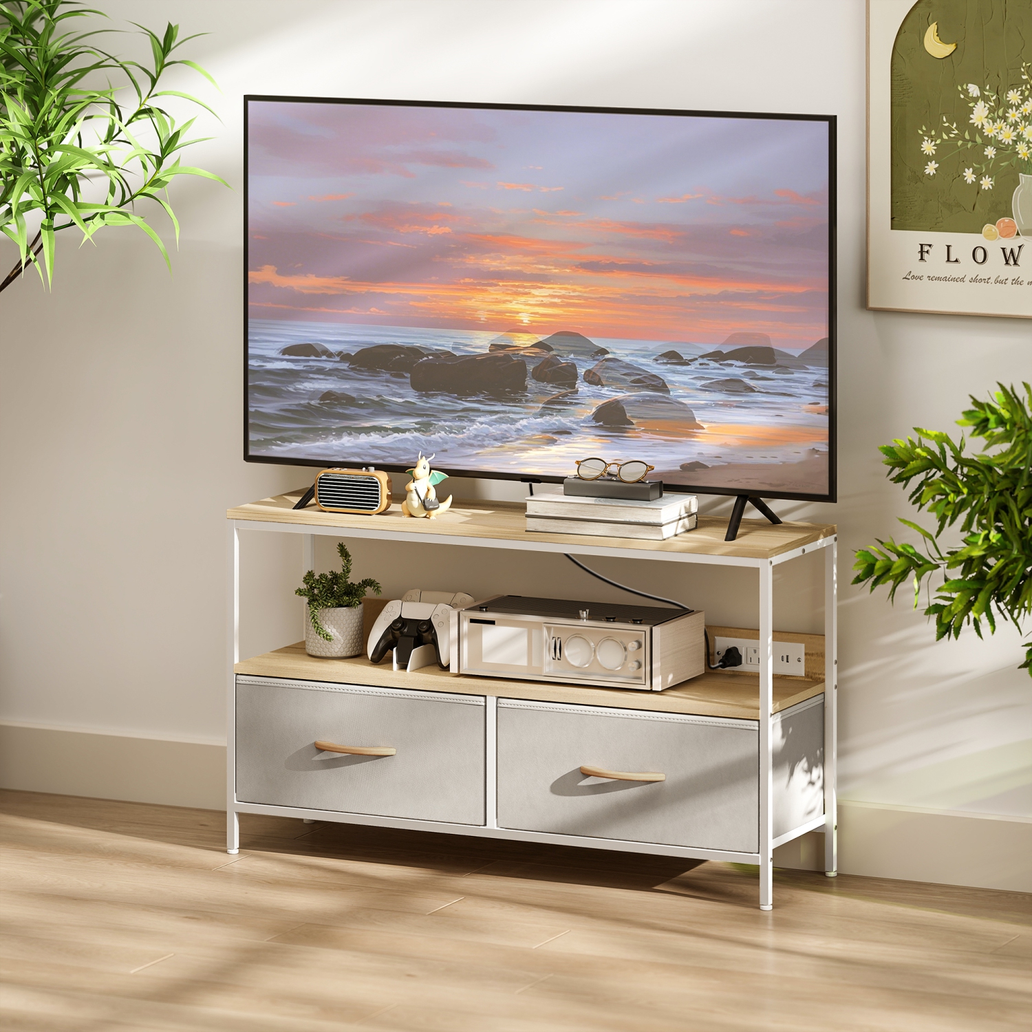 HOMCOM TV Stand with Storage and Charging Station, TV Table with 2 Foldable Linen Drawers and Open Shelf for 47 Inch Television, Entertainment Center