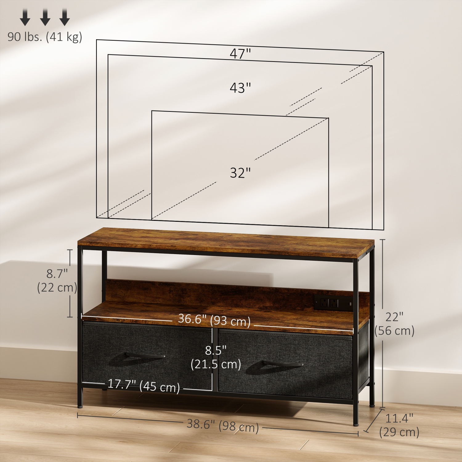 HOMCOM TV Stand with Storage and Charging Station, TV Table with 2 Foldable Linen Drawers and Open Shelf for 47 Inch Television, Entertainment Center