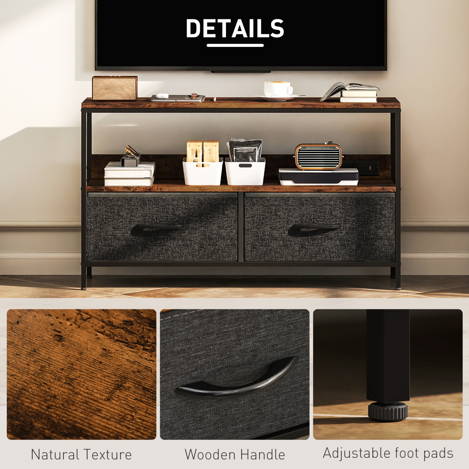 HOMCOM TV Stand with Storage and Charging Station, TV Table with 2 Foldable Linen Drawers and Open Shelf for 47 Inch Television, Entertainment Center