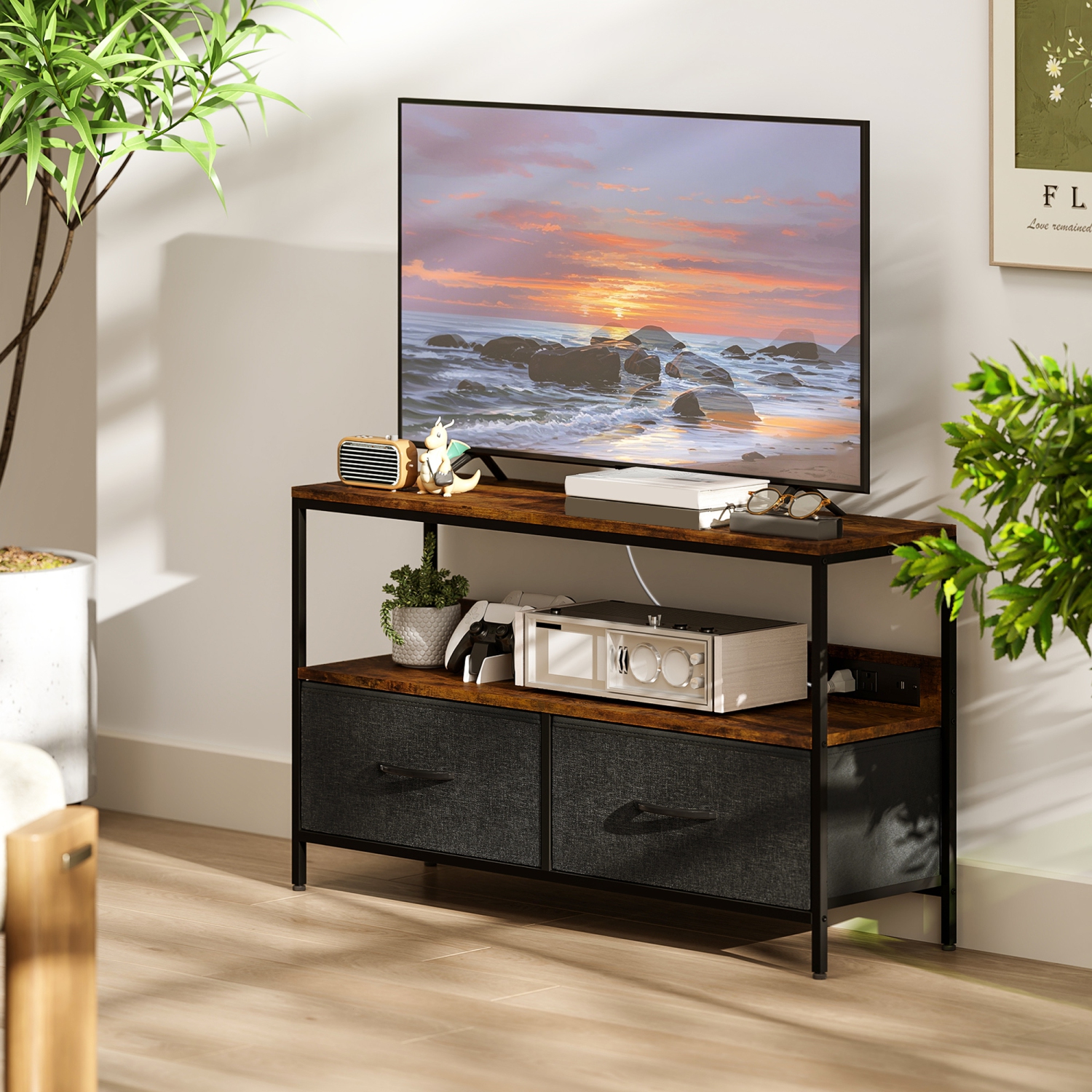 HOMCOM TV Stand with Storage and Charging Station, TV Table with 2 Foldable Linen Drawers and Open Shelf for 47 Inch Television, Entertainment Center